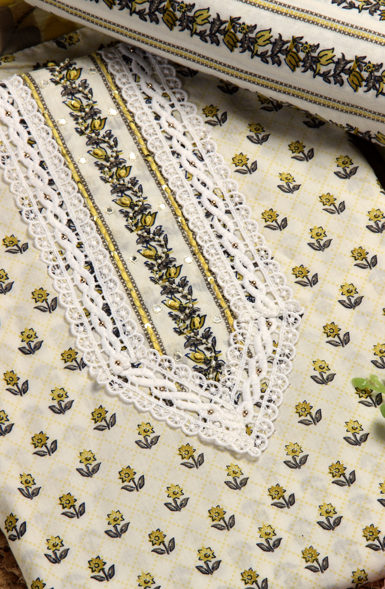 Cream and Green Cotton Printed Salwar Suit with Chiffon Dupatta - 693-MCJ37087