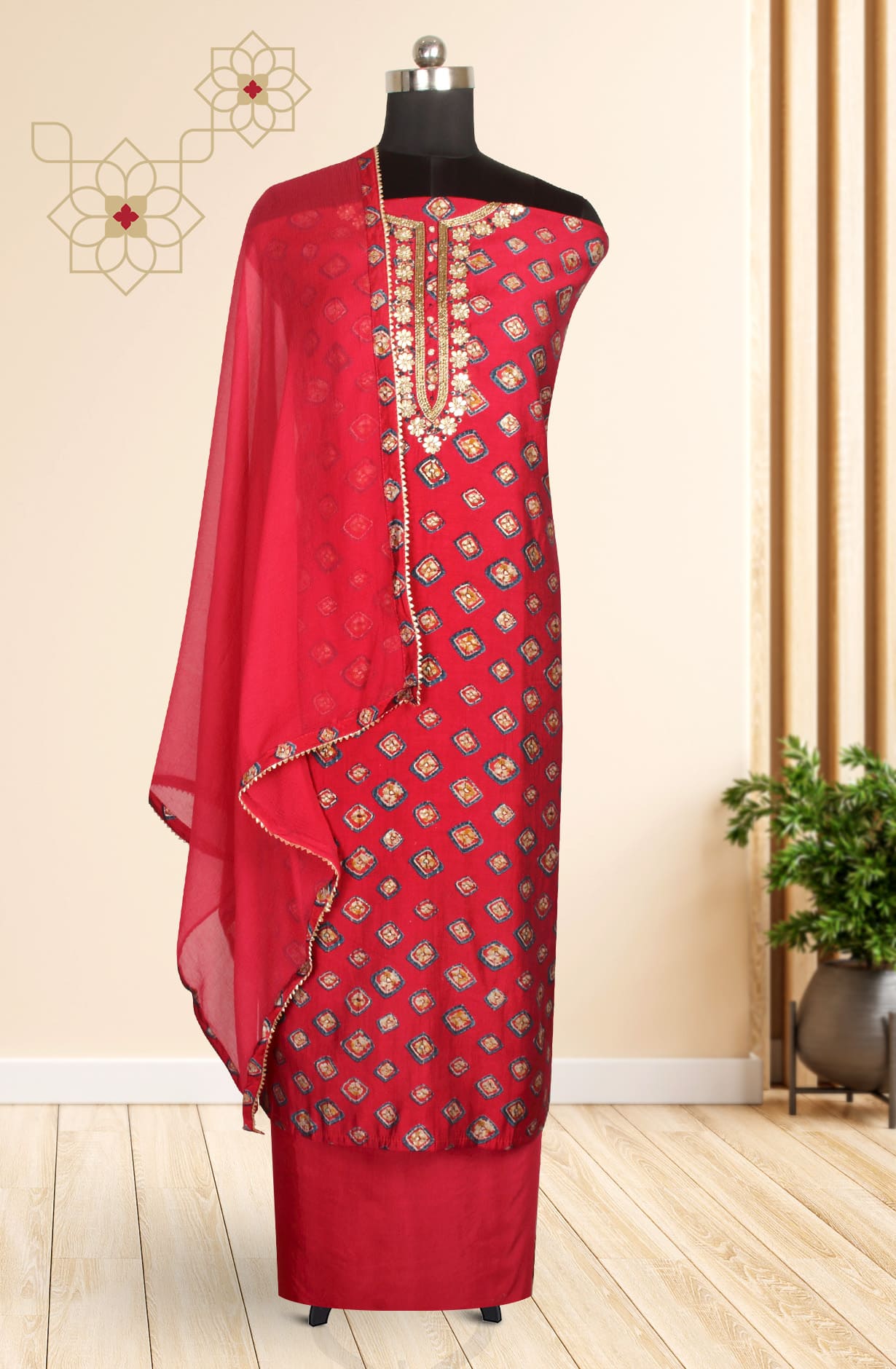 Rose Red Modal Silk Unstitched Suit with Chiffon Dupatta - 693-MSC22304