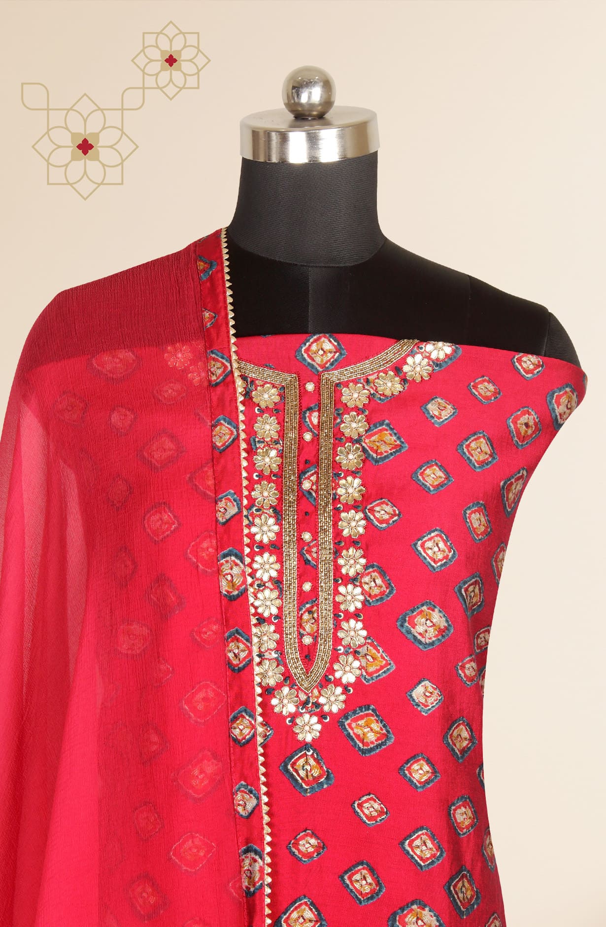 Rose Red Modal Silk Unstitched Suit with Chiffon Dupatta - 693-MSC22304