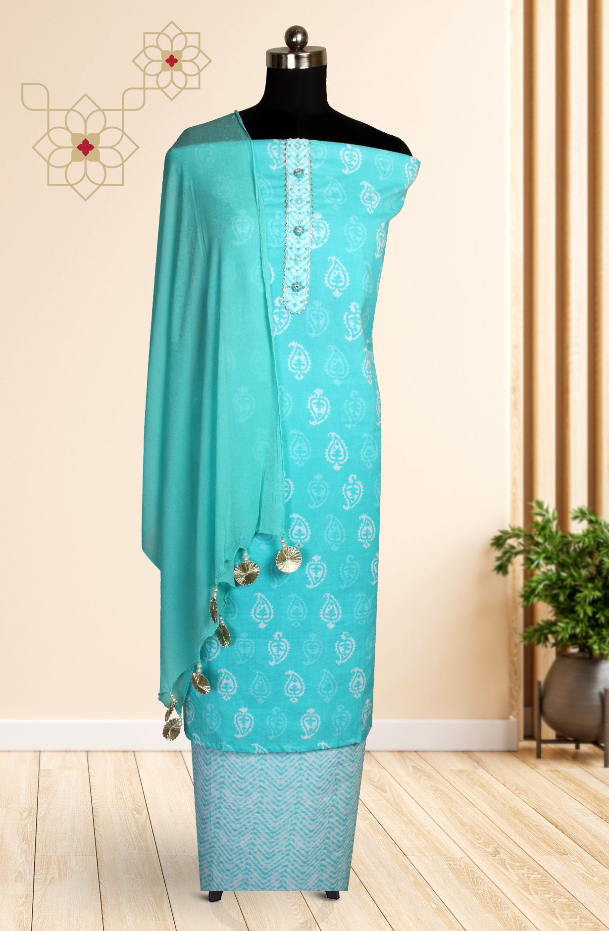 Turquoise Cotton Printed Salwar Suit with Chiffon Dupatta - 693-MSC22419