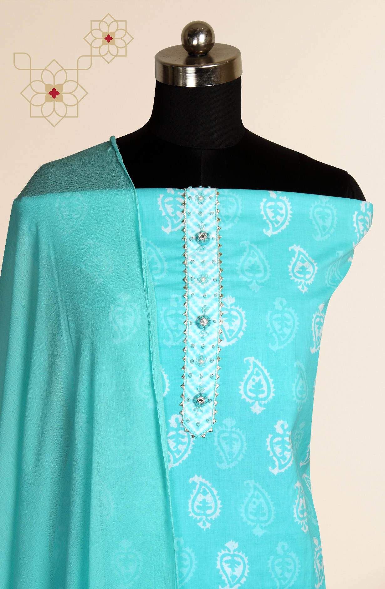 Turquoise Cotton Printed Salwar Suit with Chiffon Dupatta - 693-MSC22419
