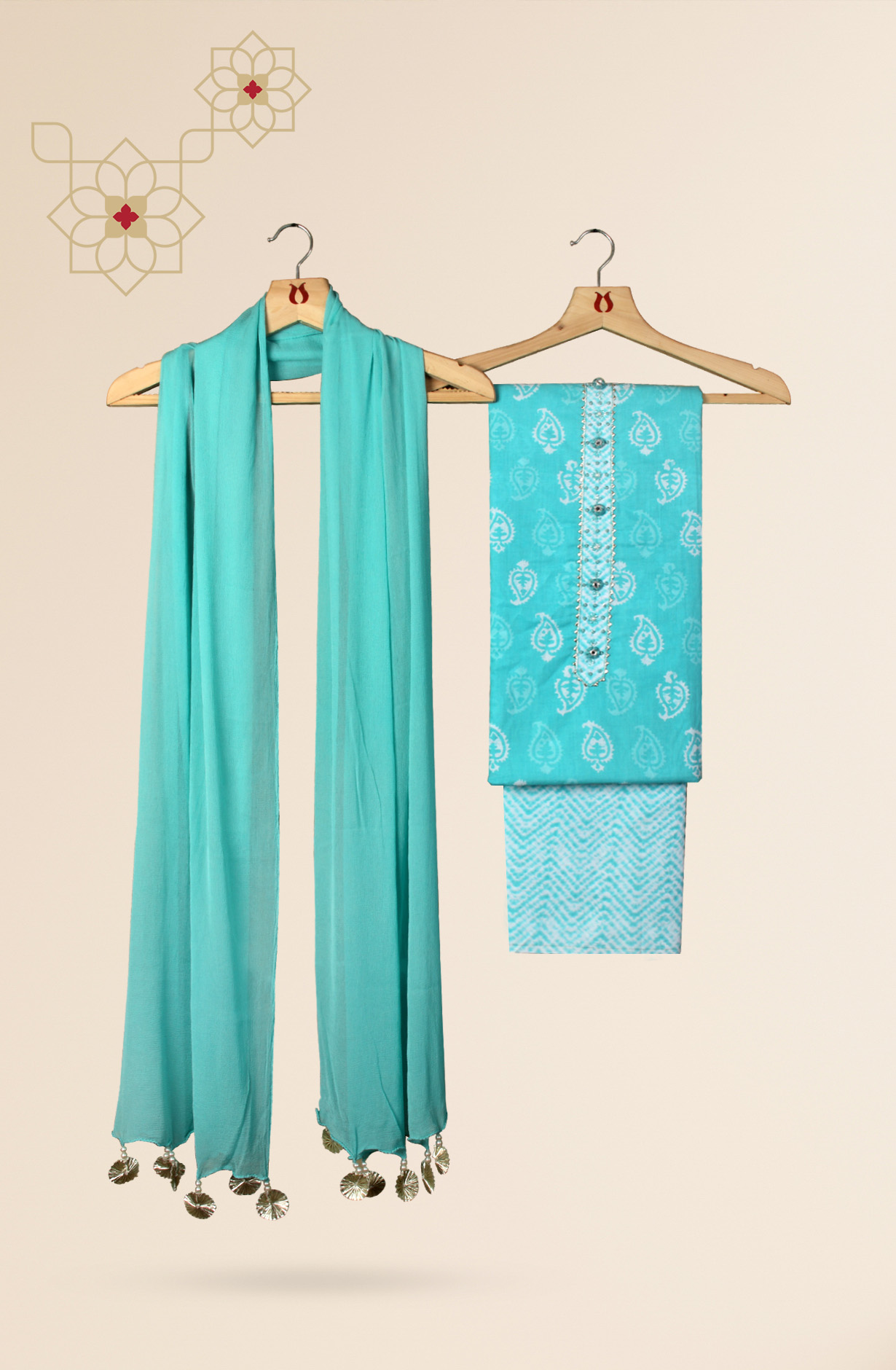 Turquoise Cotton Printed Salwar Suit with Chiffon Dupatta - 693-MSC22419
