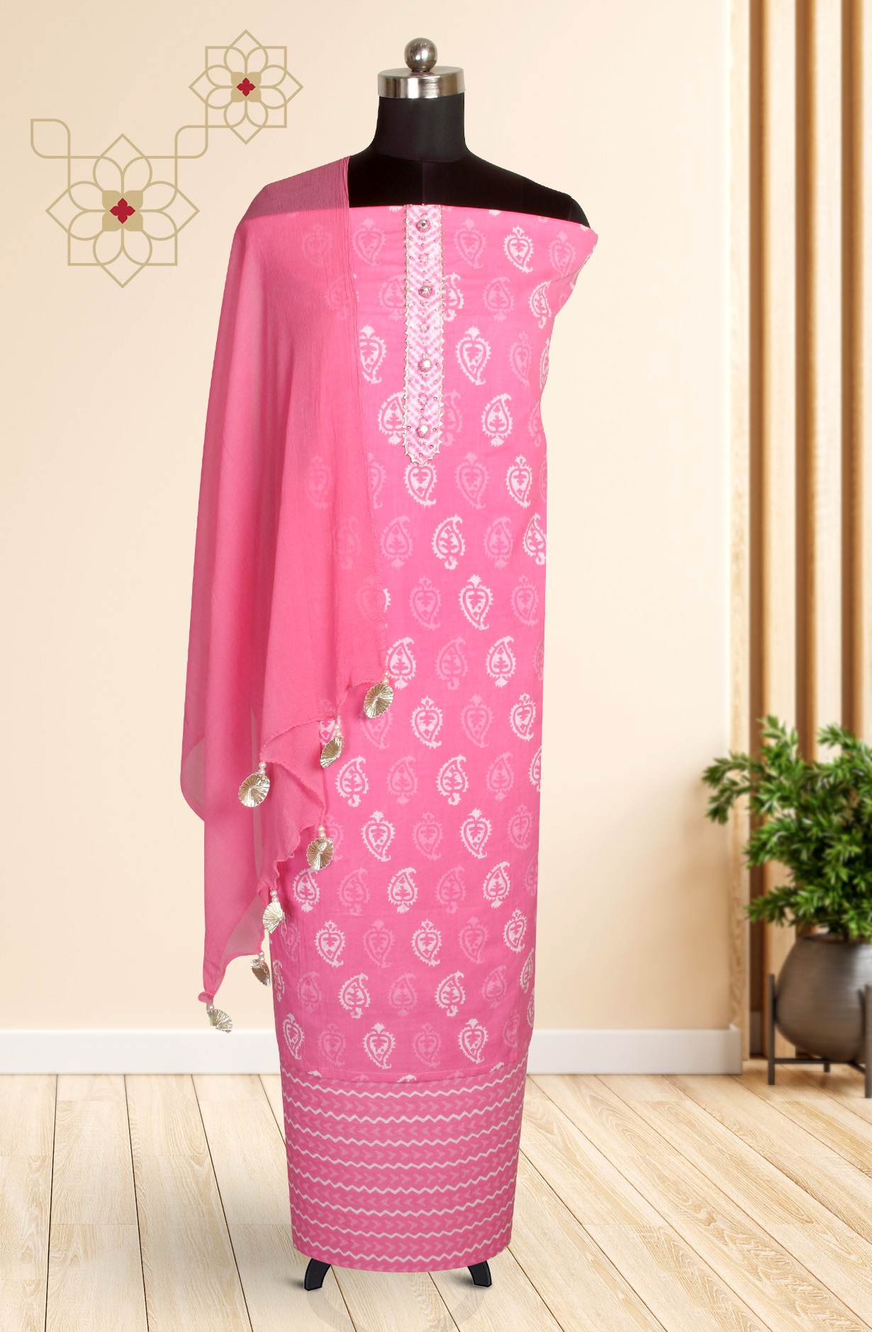 Pink Cotton Printed Salwar Suit with Chiffon Dupatta - 693-MSC22419A
