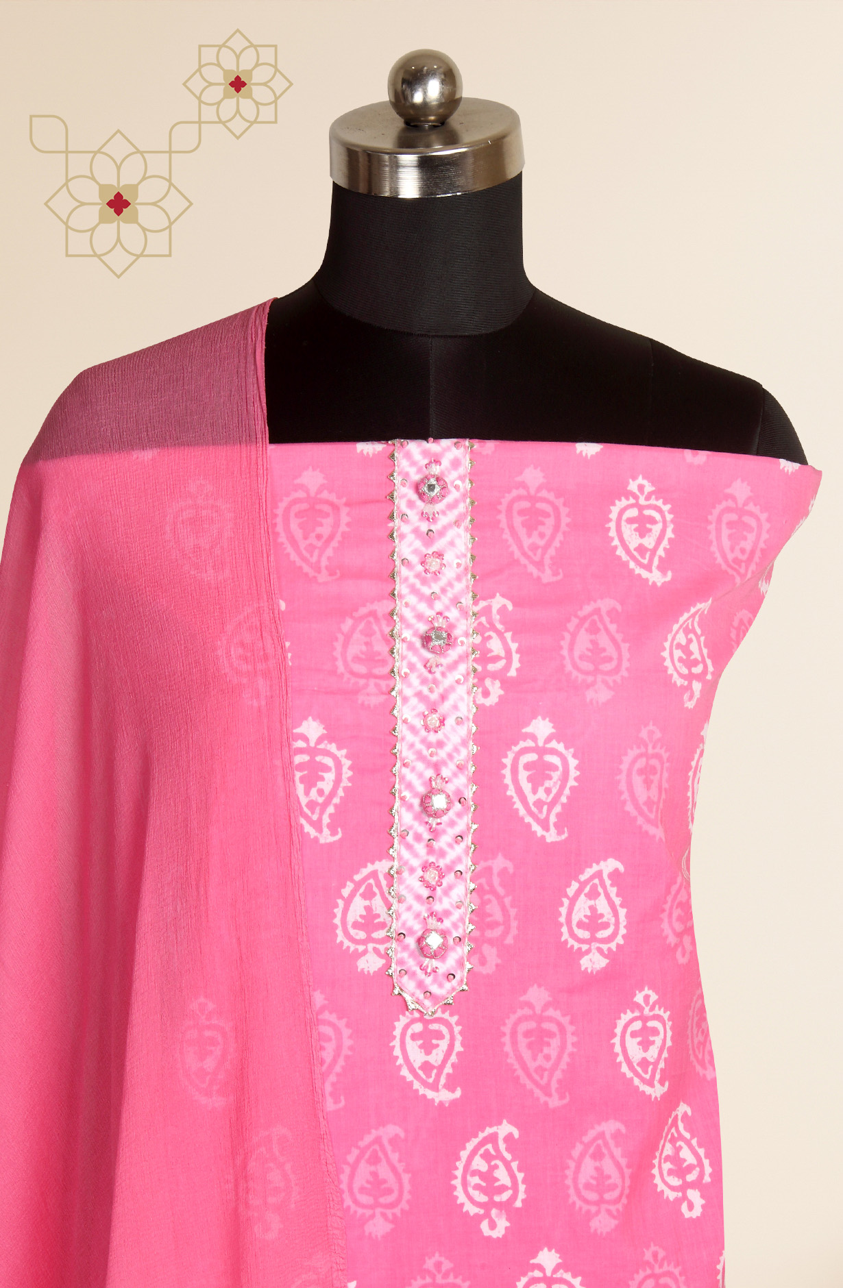 Pink Cotton Printed Salwar Suit with Chiffon Dupatta - 693-MSC22419A