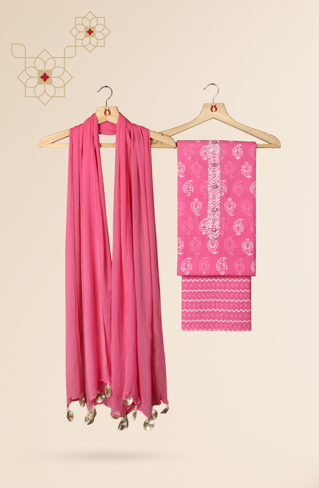 Pink Cotton Printed Salwar Suit with Chiffon Dupatta - 693-MSC22419A