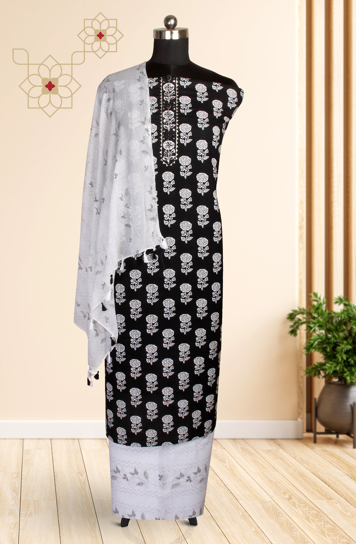 Black Cotton Printed Salwar Kameez with Chiffon Dupatta - 693-MSC22456