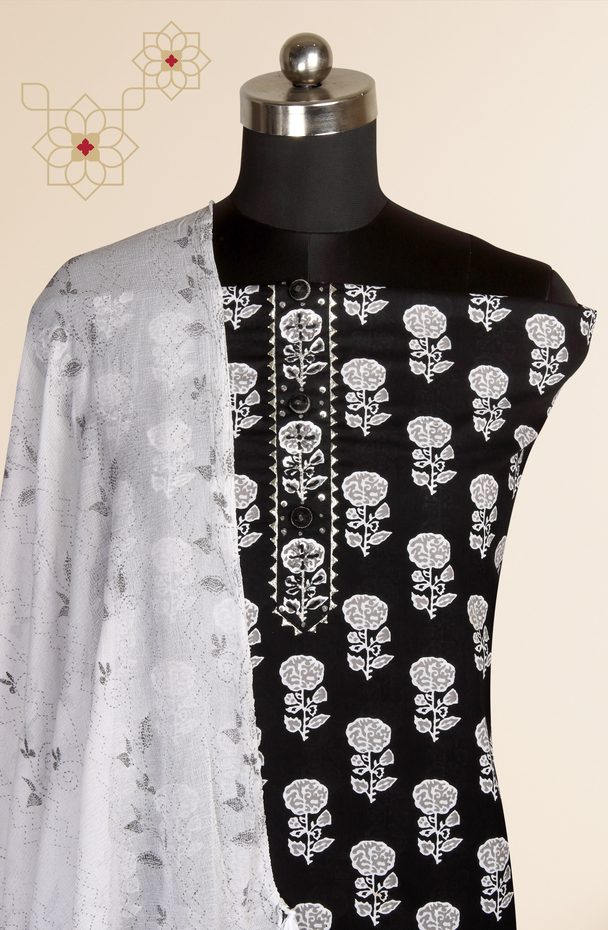 Black Cotton Printed Salwar Kameez with Chiffon Dupatta - 693-MSC22456