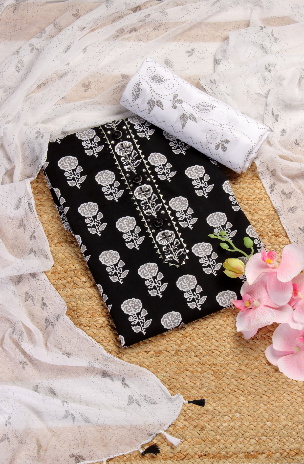 Black Cotton Printed Salwar Kameez with Chiffon Dupatta - 693-MSC22456