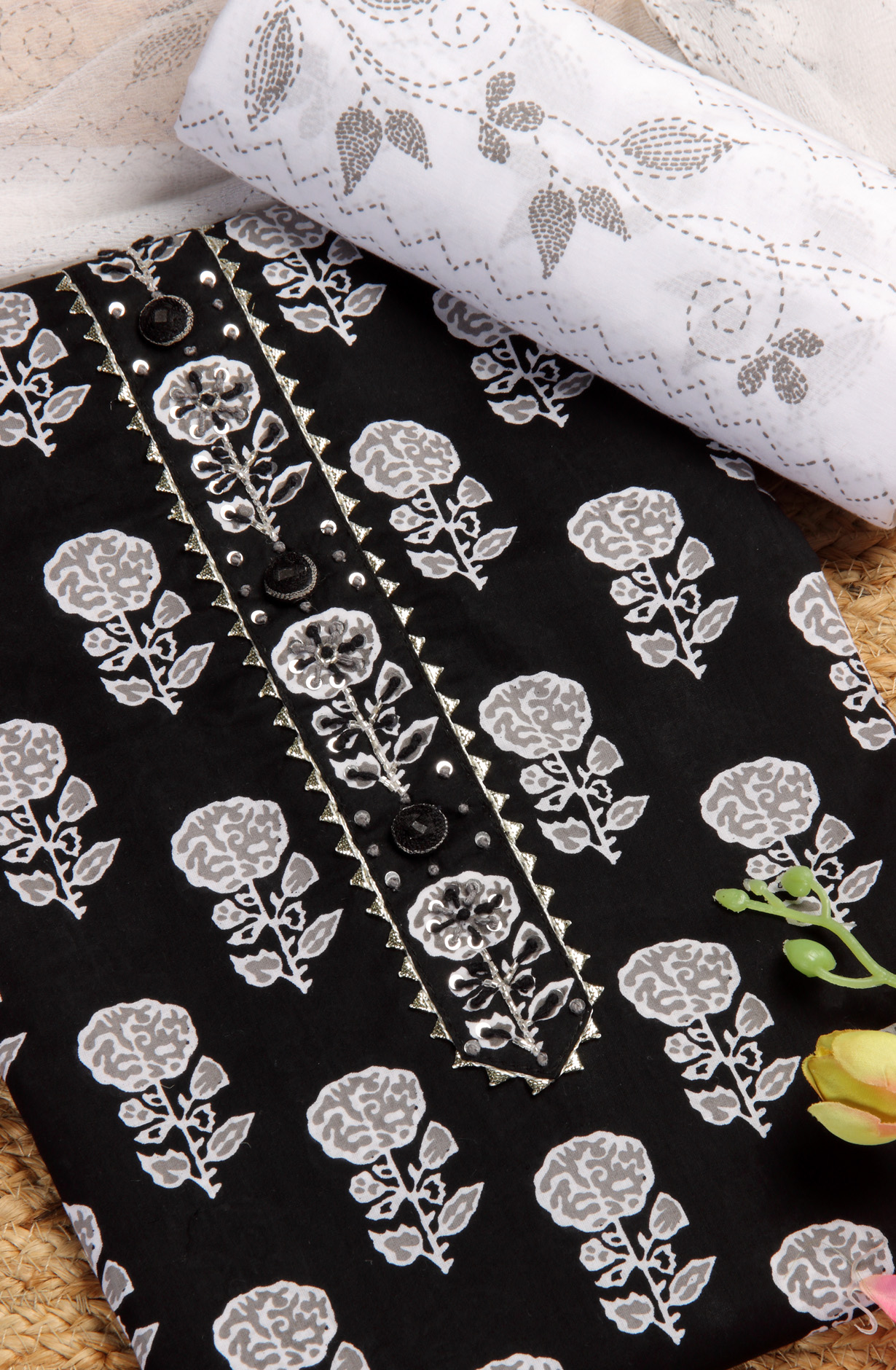 Black Cotton Printed Salwar Kameez with Chiffon Dupatta - 693-MSC22456