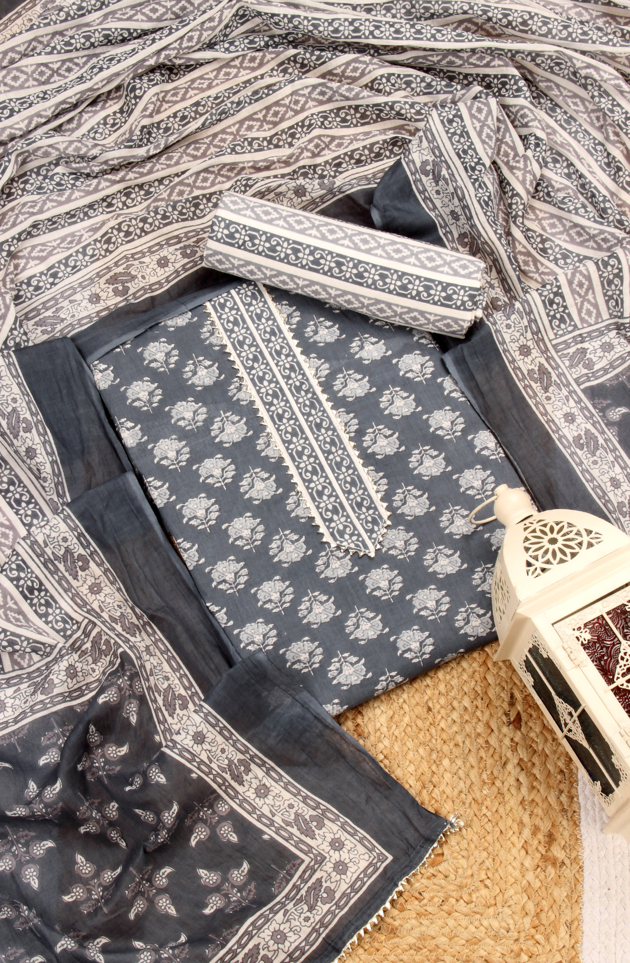 Grey Cotton Unstitched Printed Salwar Dress Material - 693-MSC22483