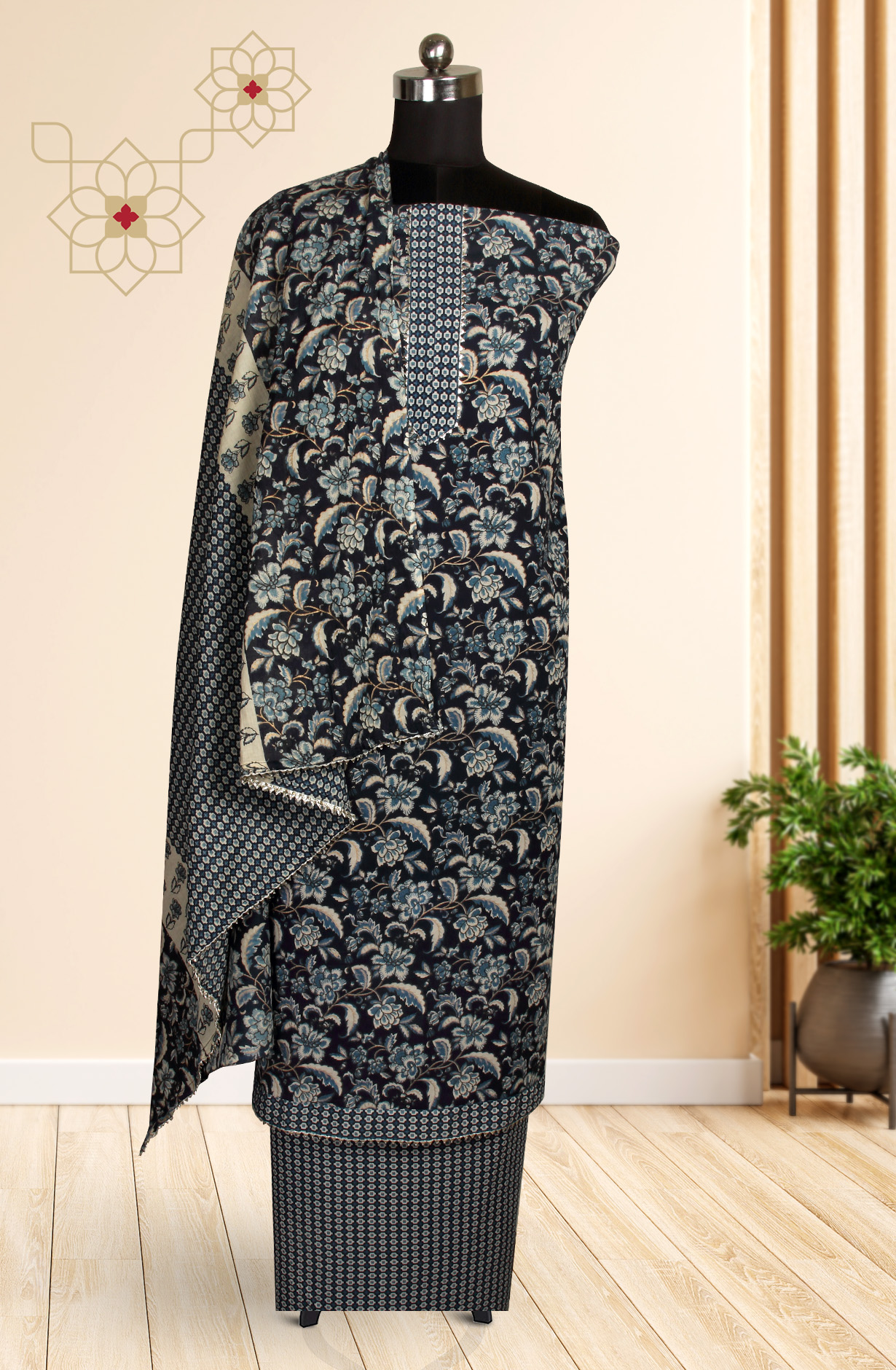 Blue Cotton Printed Salwar Suit with Dupatta - 693-MSC22485