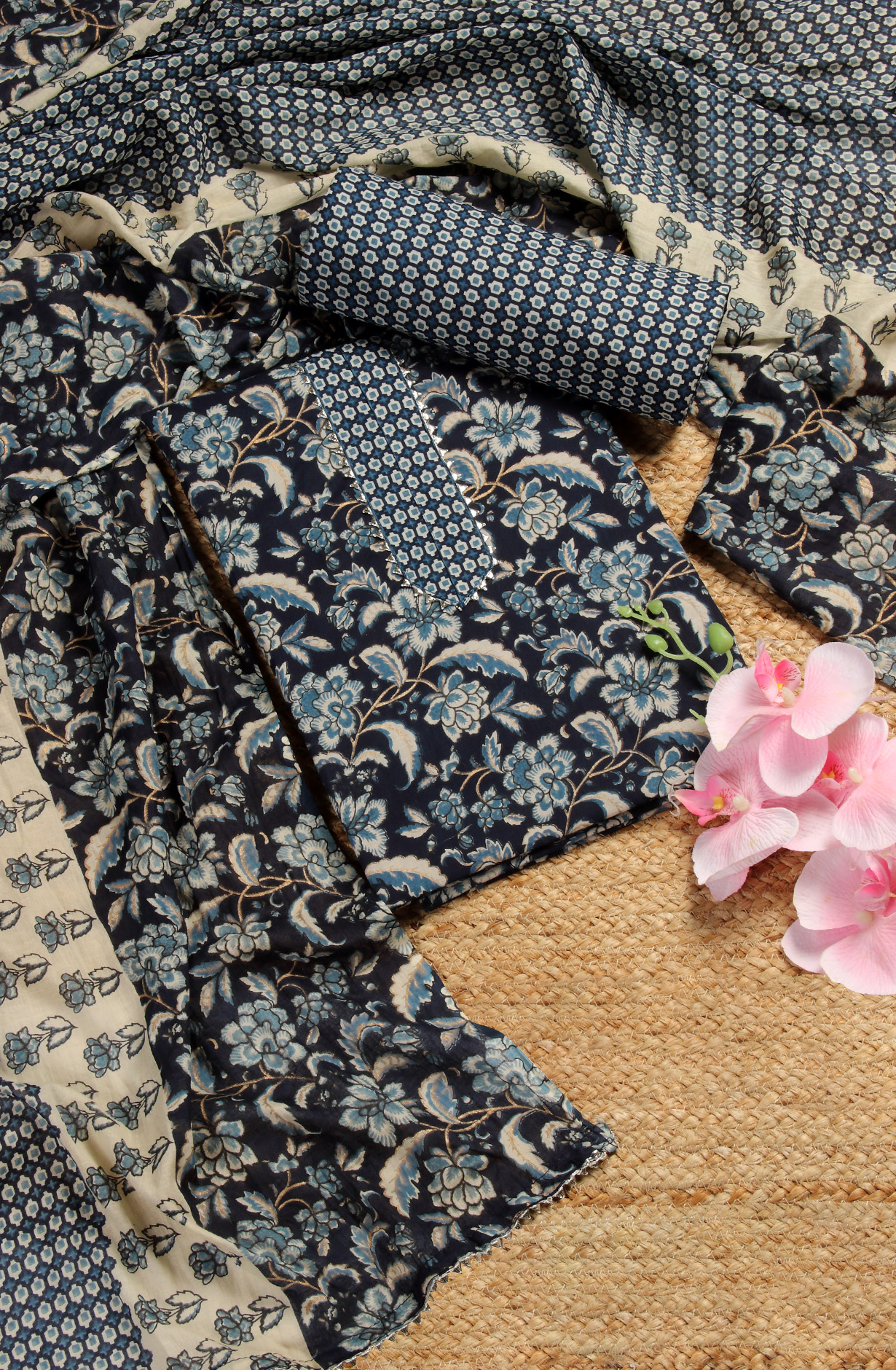 Blue Cotton Printed Salwar Suit with Dupatta - 693-MSC22485