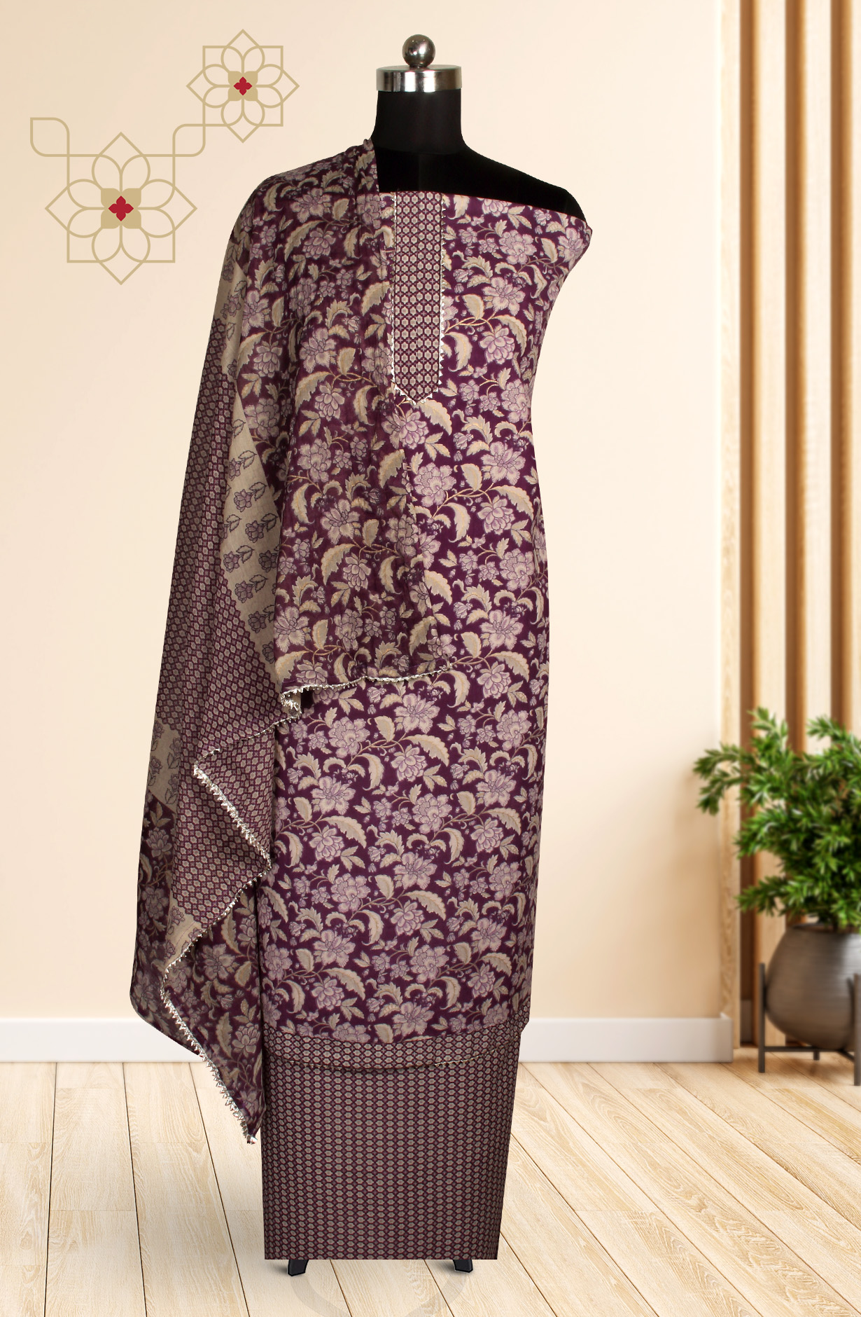 Purple Cotton Printed Salwar Suit with Dupatta - 693-MSC22485A