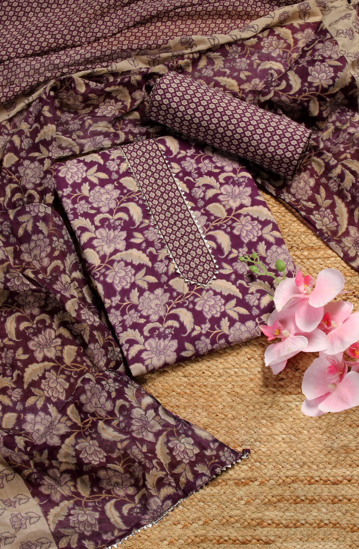 Purple Cotton Printed Salwar Suit with Dupatta - 693-MSC22485A