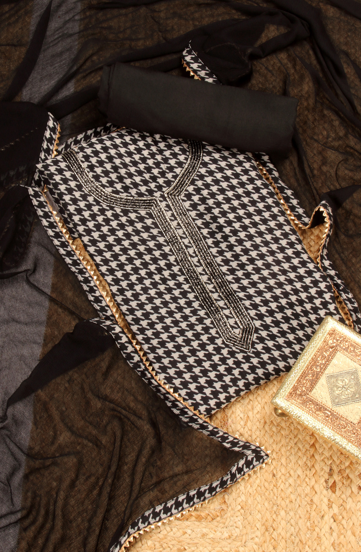 Black Chanderi Salwar Suit with Chiffon Dupatta - 693-MSC22534