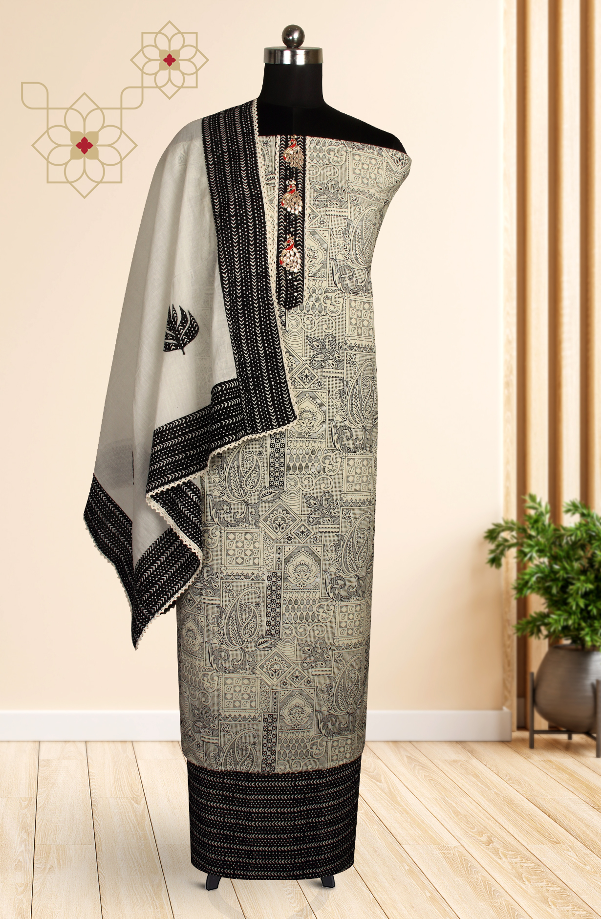 Black and Cream Cotton Salwar Kameez Dupatta - 693-PFJ4473