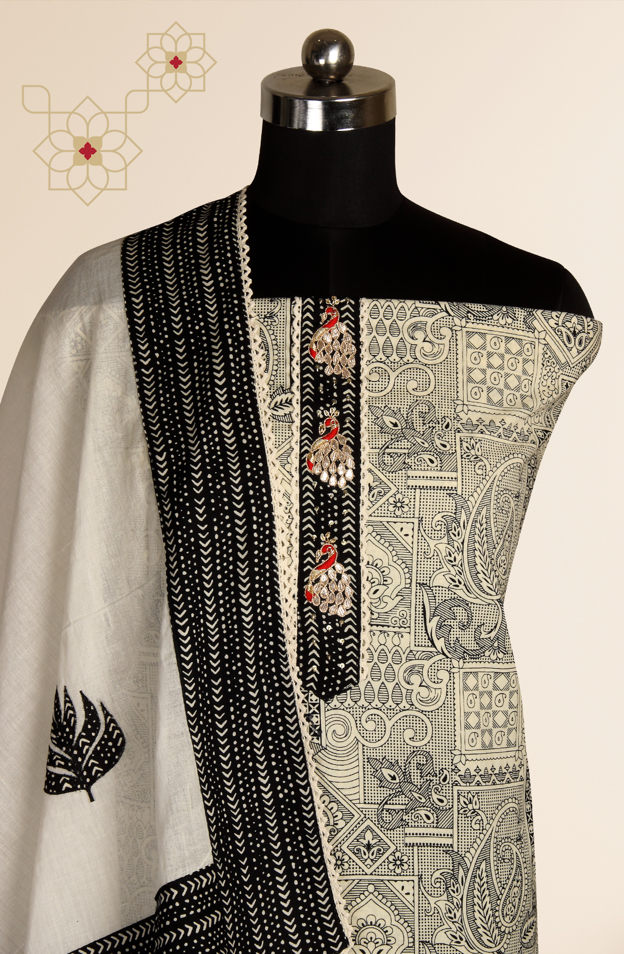 Black and Cream Cotton Salwar Kameez Dupatta - 693-PFJ4473