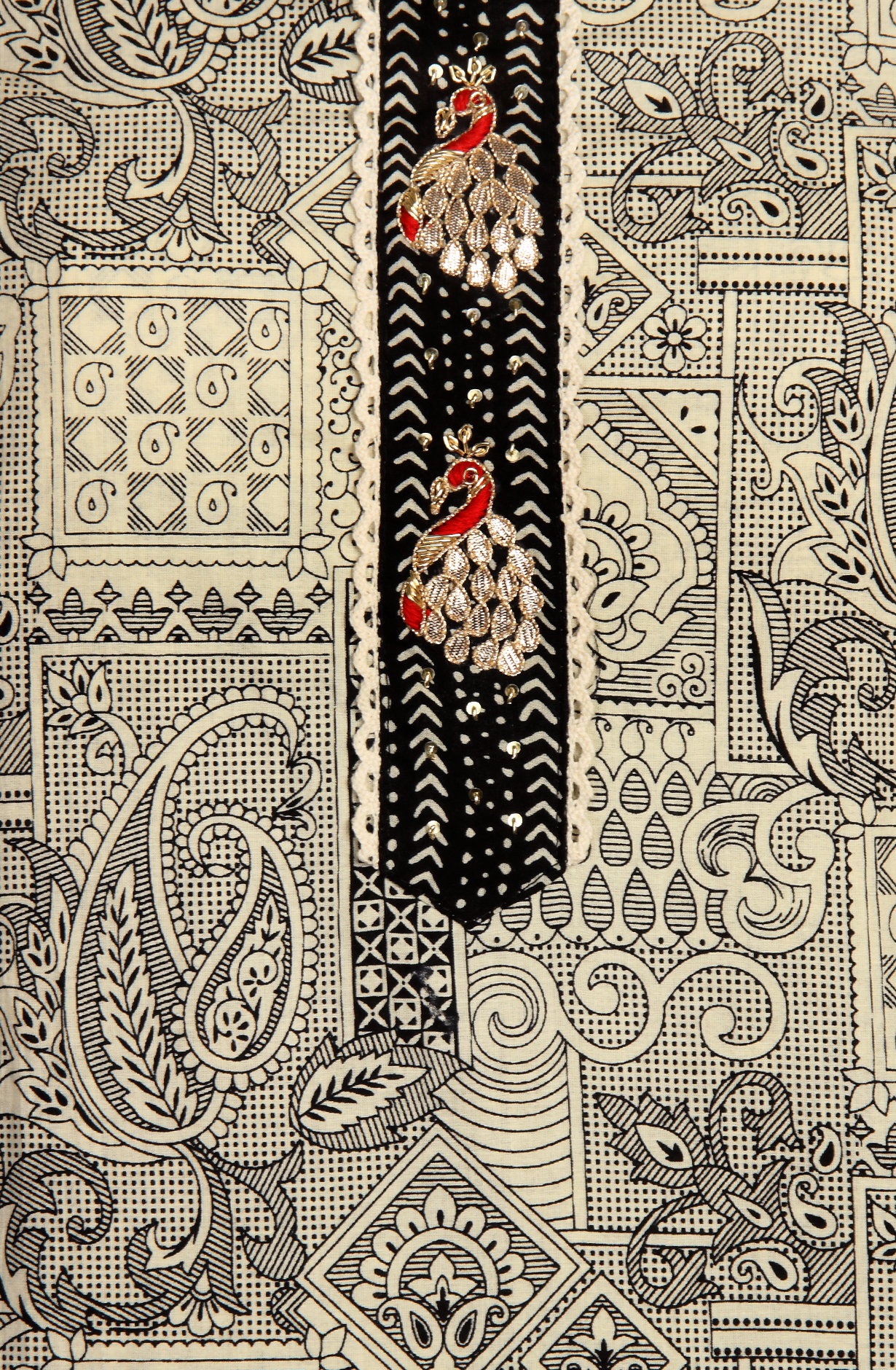 Black and Cream Cotton Salwar Kameez Dupatta - 693-PFJ4473