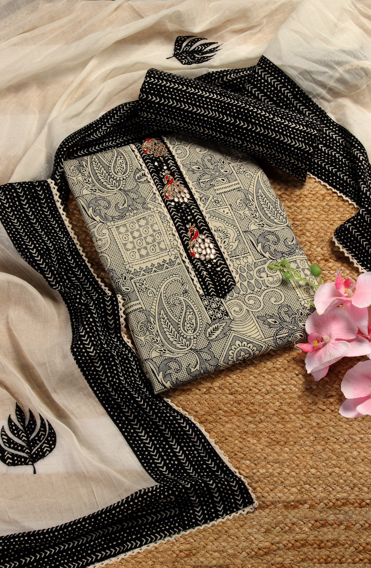 Black and Cream Cotton Salwar Kameez Dupatta - 693-PFJ4473