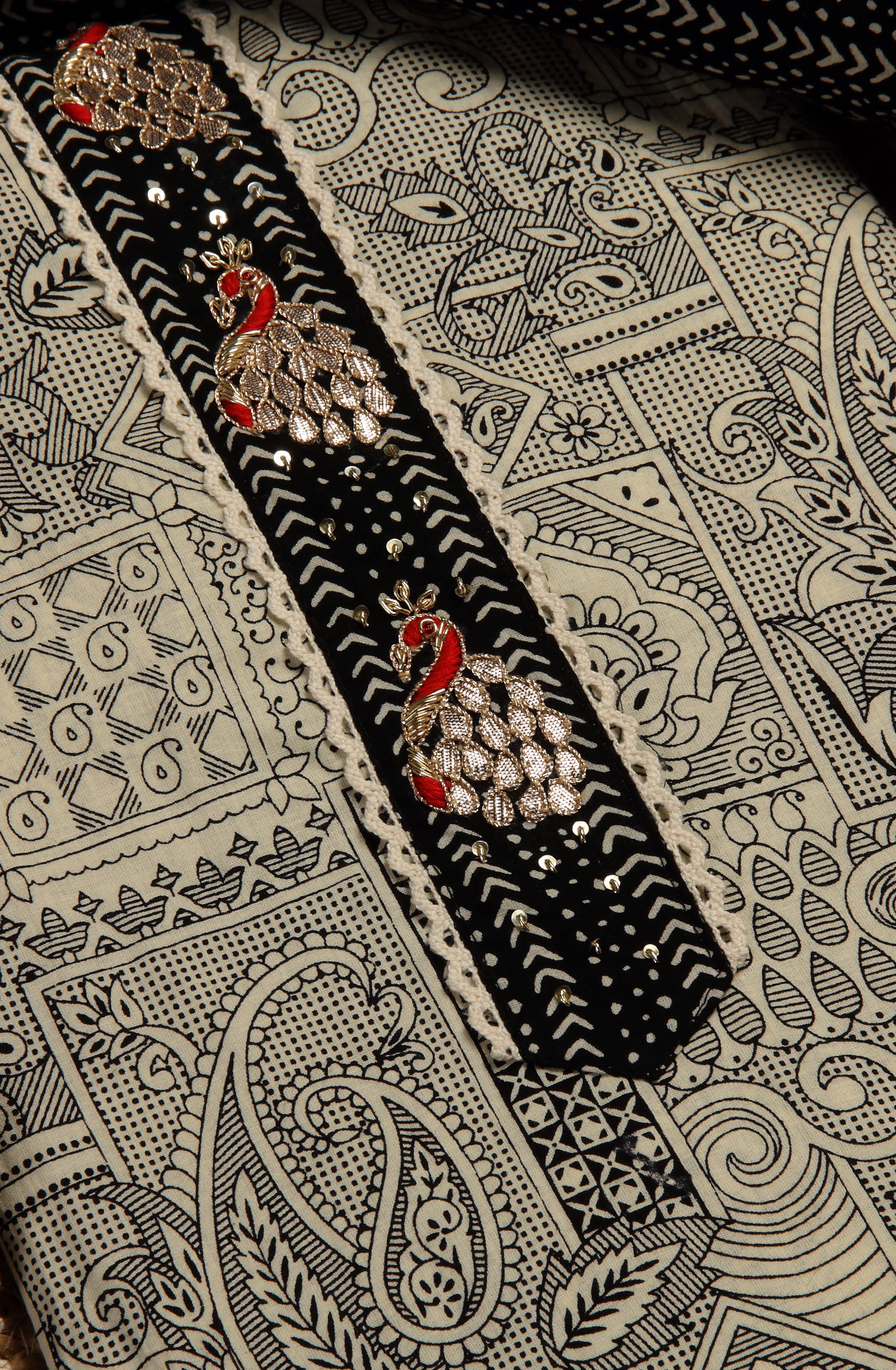 Black and Cream Cotton Salwar Kameez Dupatta - 693-PFJ4473