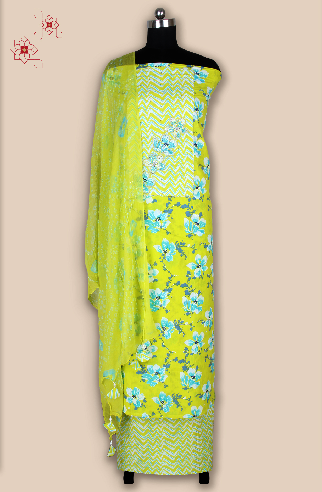 Lime Green Cotton Unstitched Printed Suit with Chiffon Dupatta - 693-PFJ4718