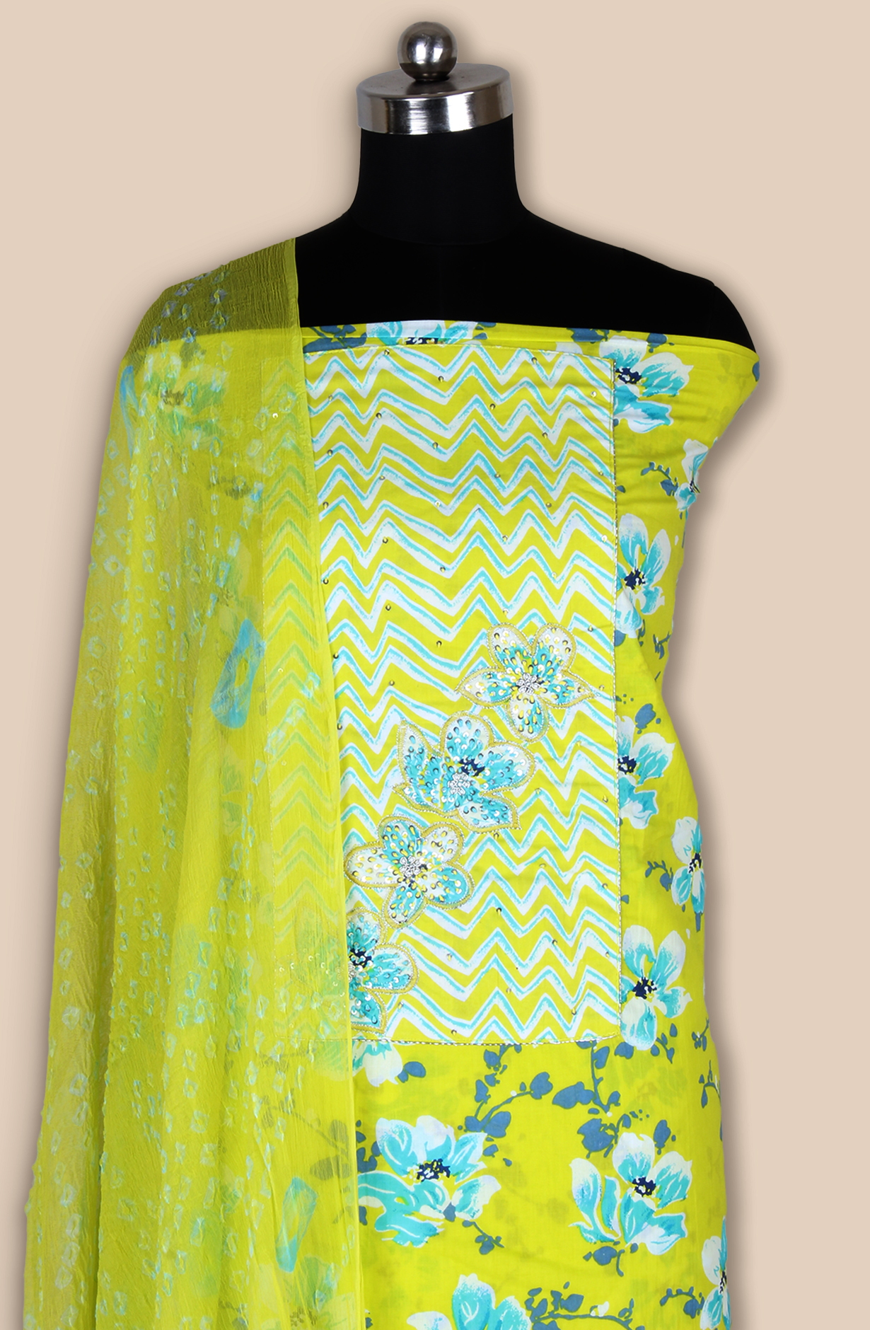 Lime Green Cotton Unstitched Printed Suit with Chiffon Dupatta - 693-PFJ4718