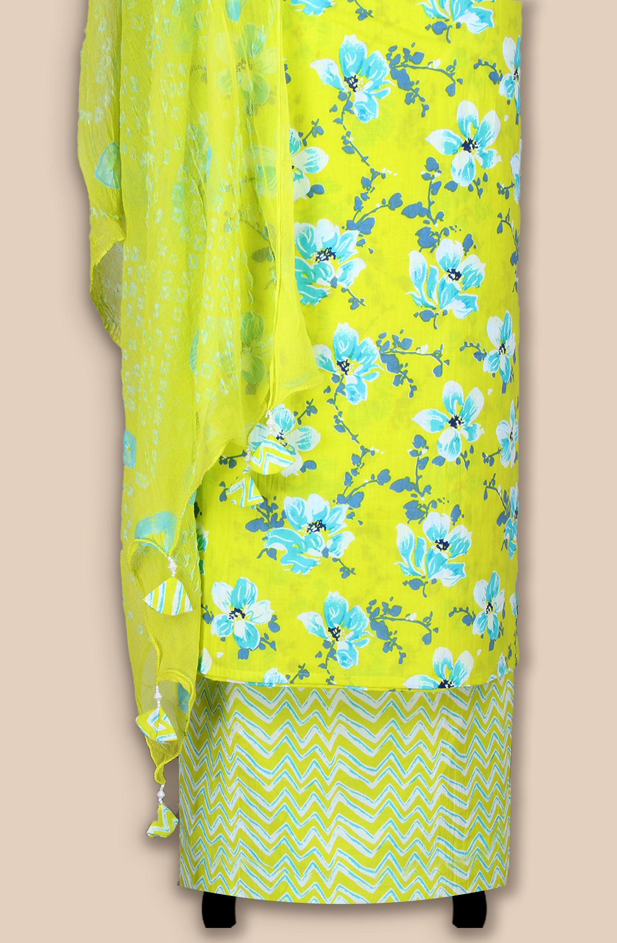 Lime Green Cotton Unstitched Printed Suit with Chiffon Dupatta - 693-PFJ4718