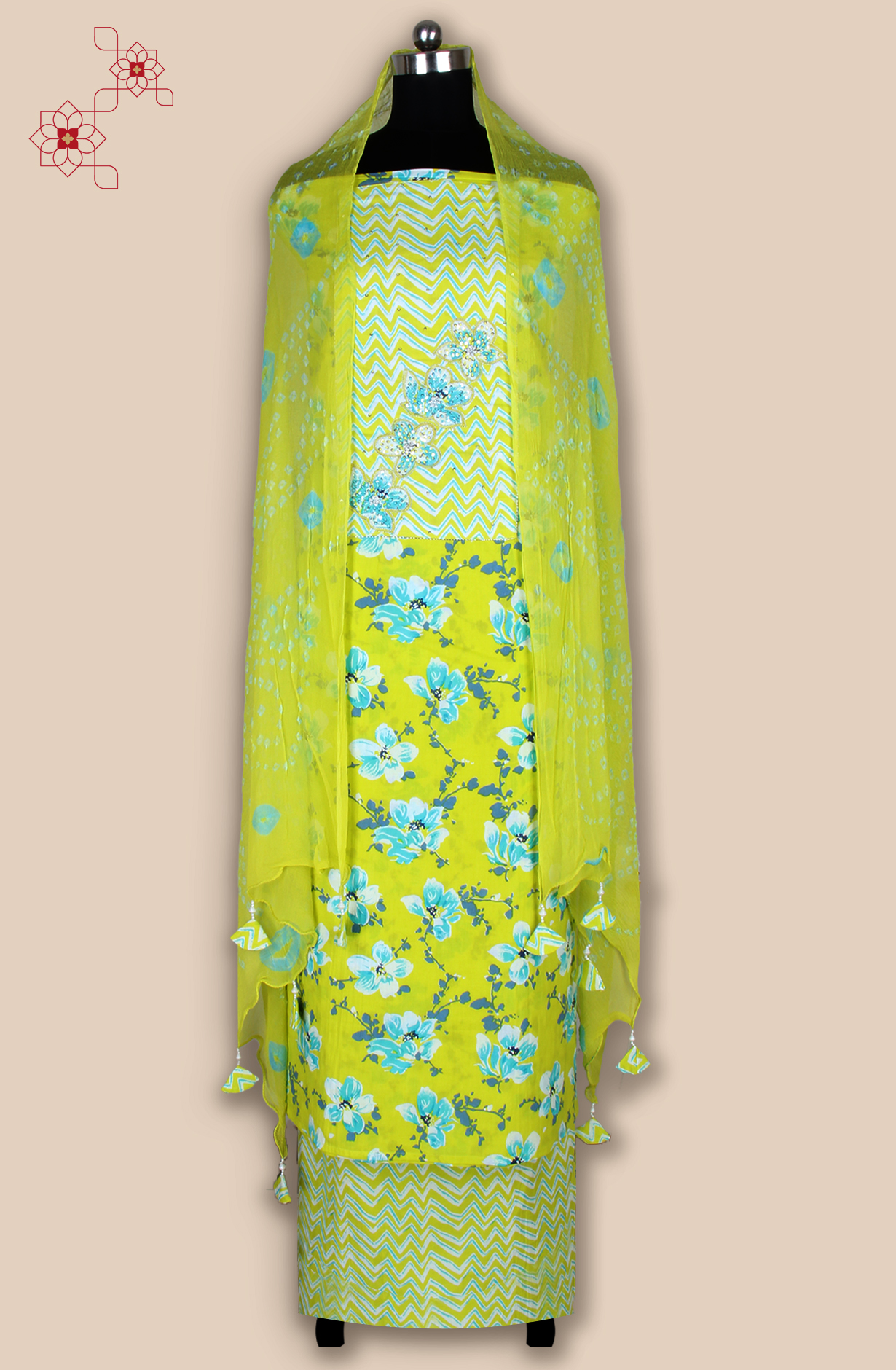 Lime Green Cotton Unstitched Printed Suit with Chiffon Dupatta - 693-PFJ4718