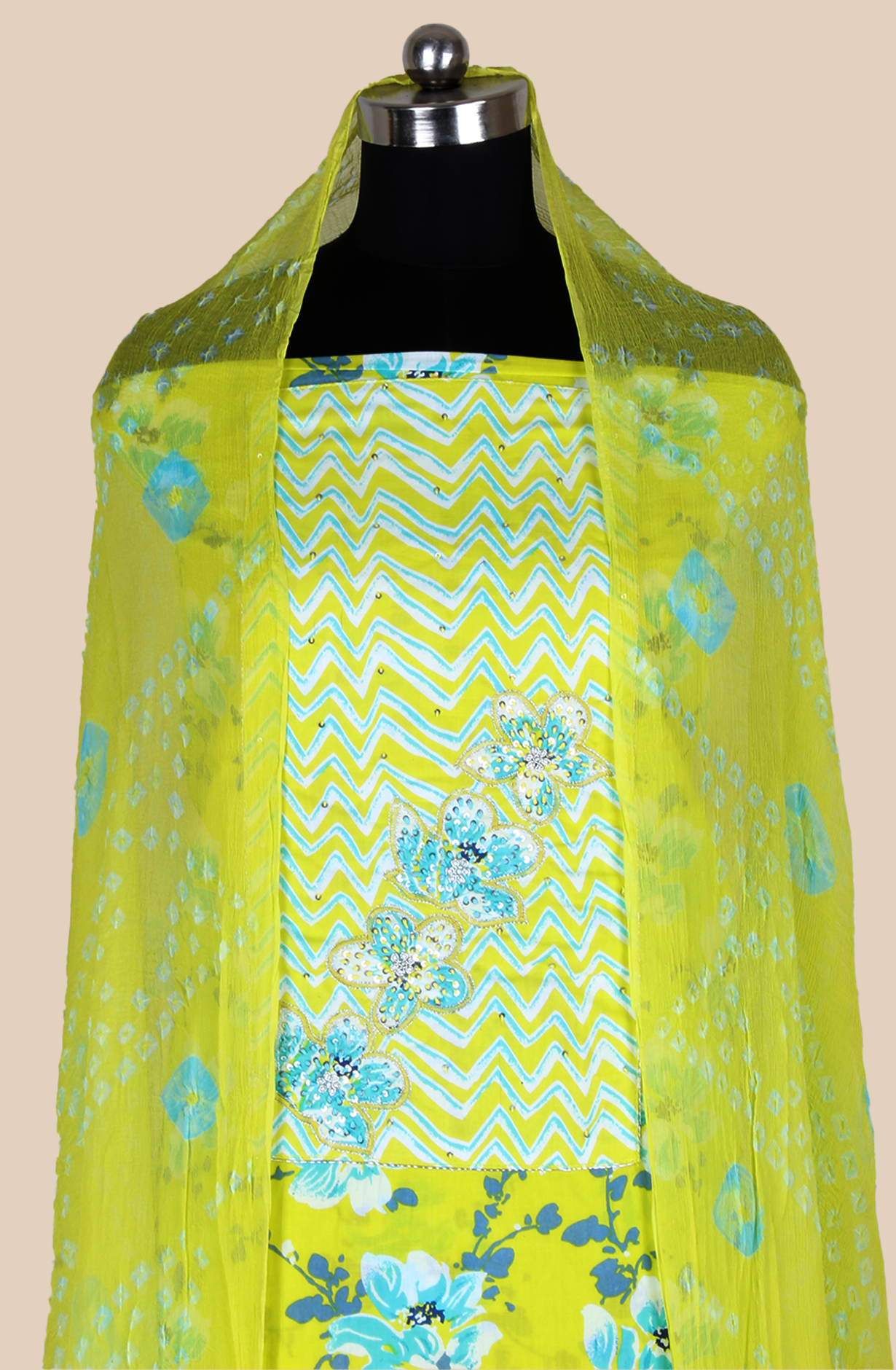 Lime Green Cotton Unstitched Printed Suit with Chiffon Dupatta - 693-PFJ4718