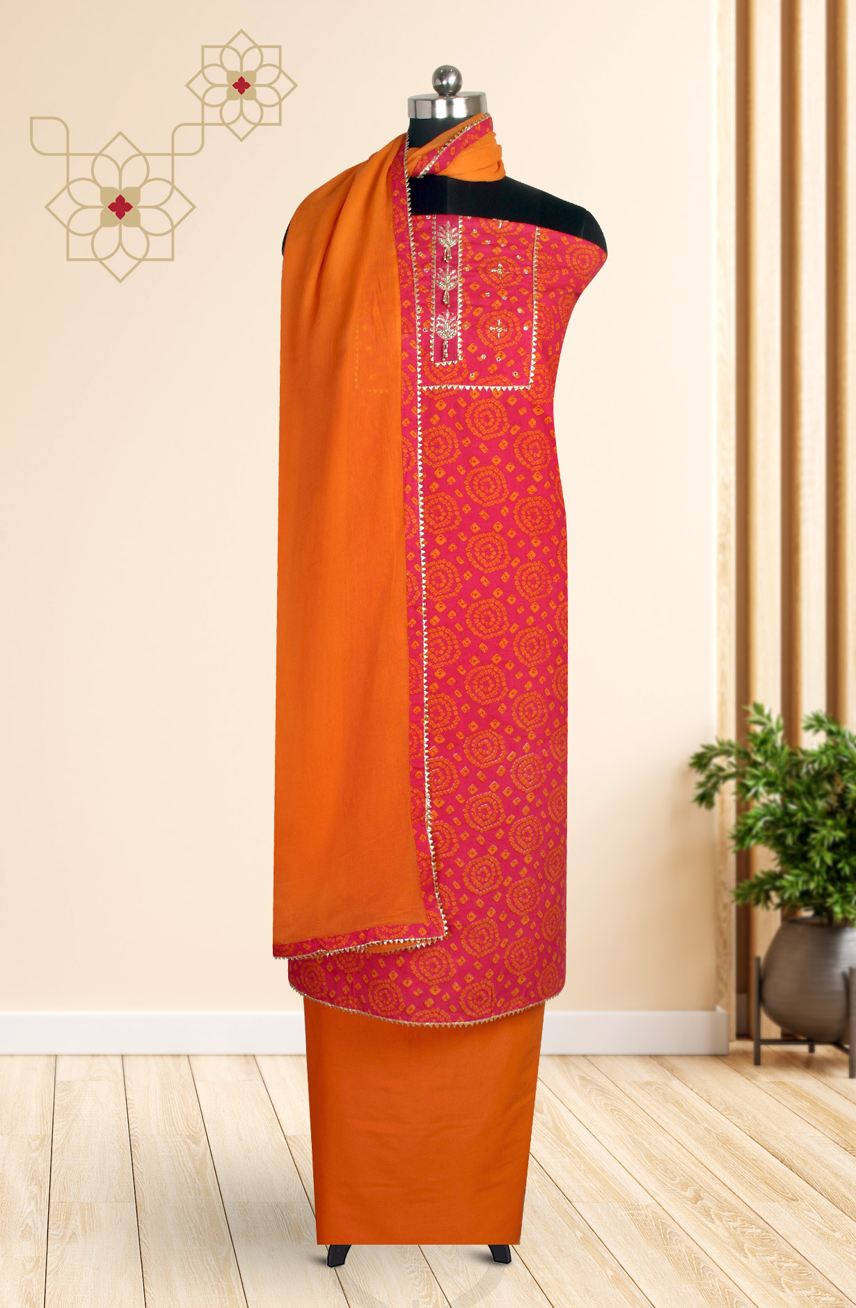 Orange Cotton Bandhej Print Salwar Suit with Chiffon Dupatta - 693-RTJ29076