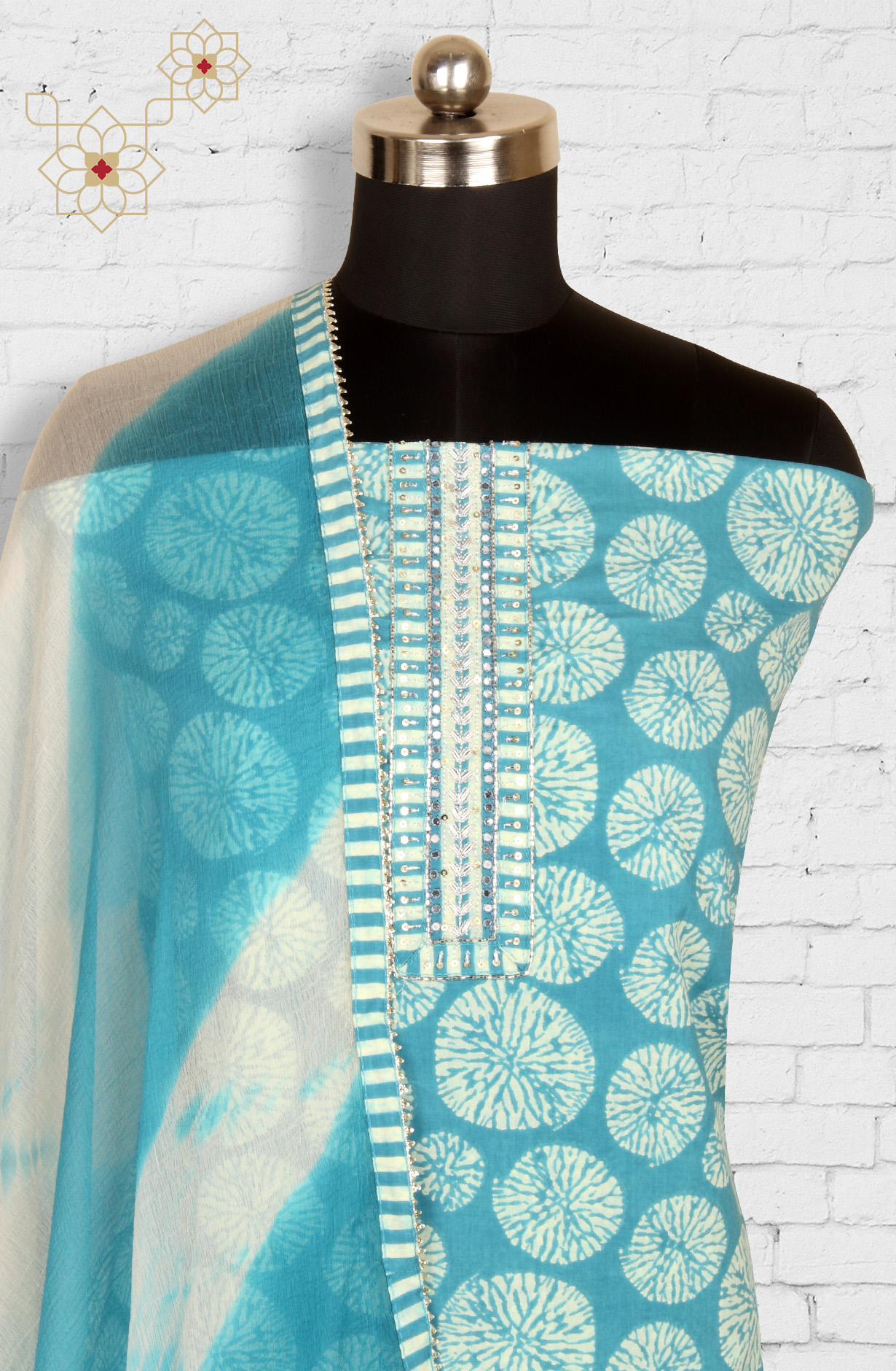 Firozi Cotton Salwar Suit with Chiffon Dupatta - 693-RTJ29107