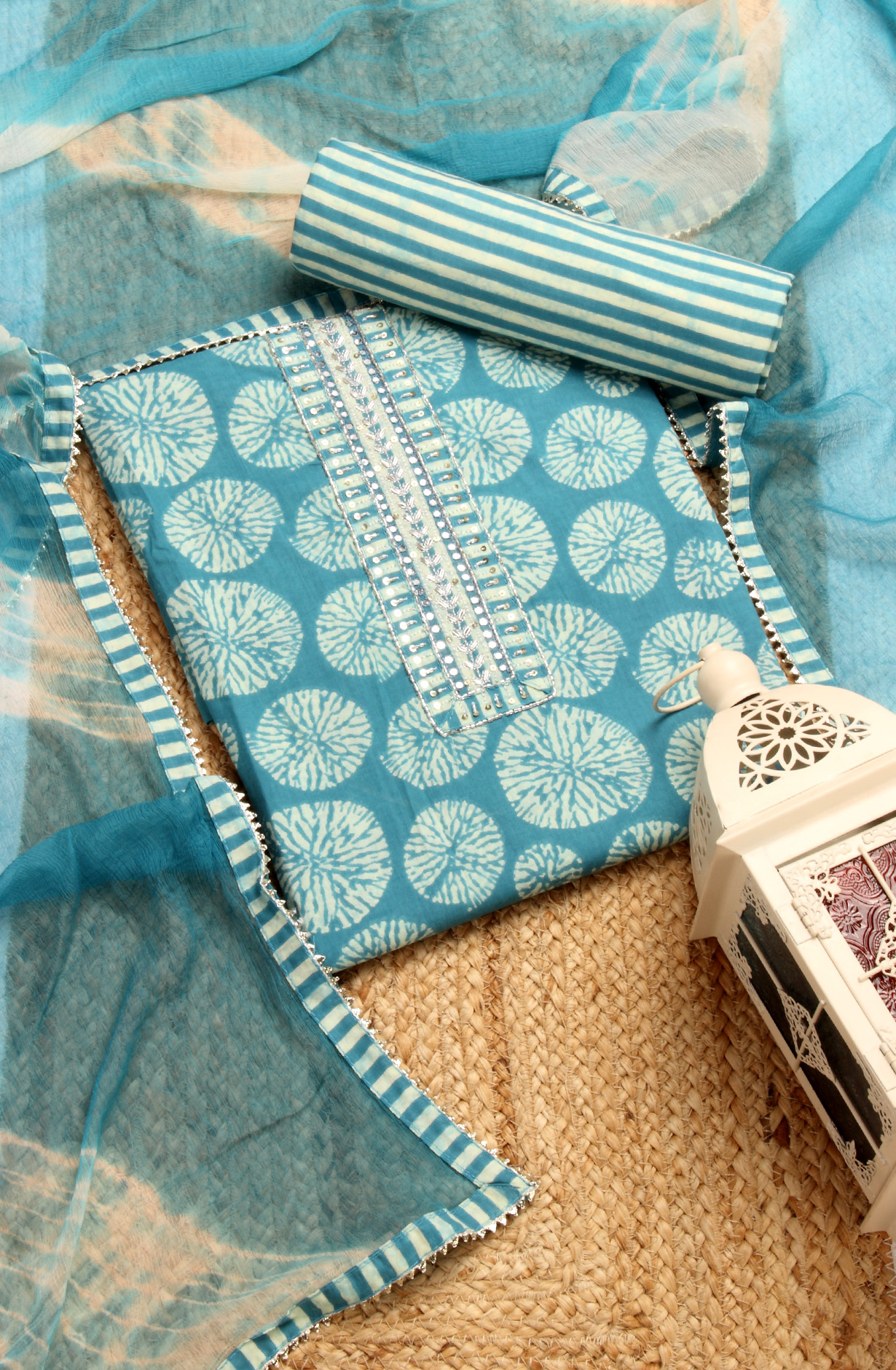 Firozi Cotton Salwar Suit with Chiffon Dupatta - 693-RTJ29107