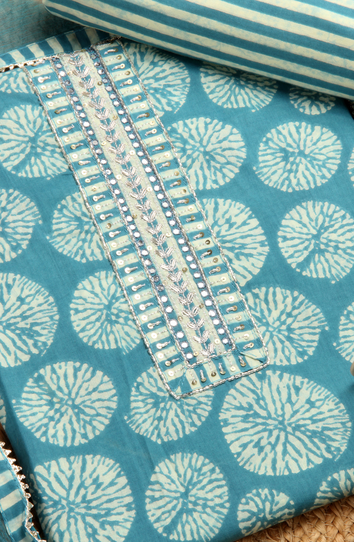 Firozi Cotton Salwar Suit with Chiffon Dupatta - 693-RTJ29107