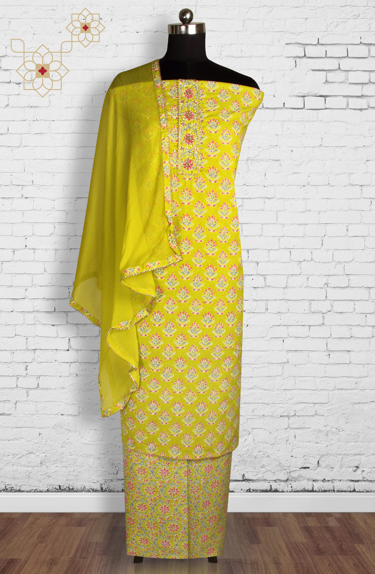 Parrot Green Cotton Printed Salwar Kameez with Chiffon Dupatta - 693-RTJ29124