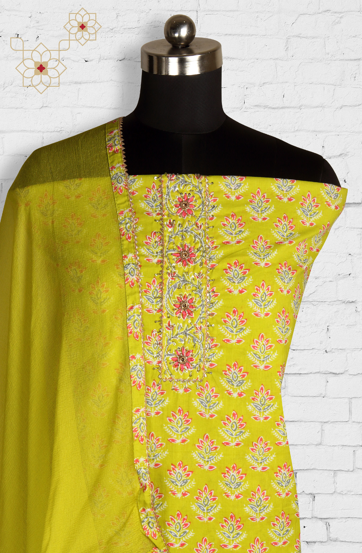 Parrot Green Cotton Printed Salwar Kameez with Chiffon Dupatta - 693-RTJ29124