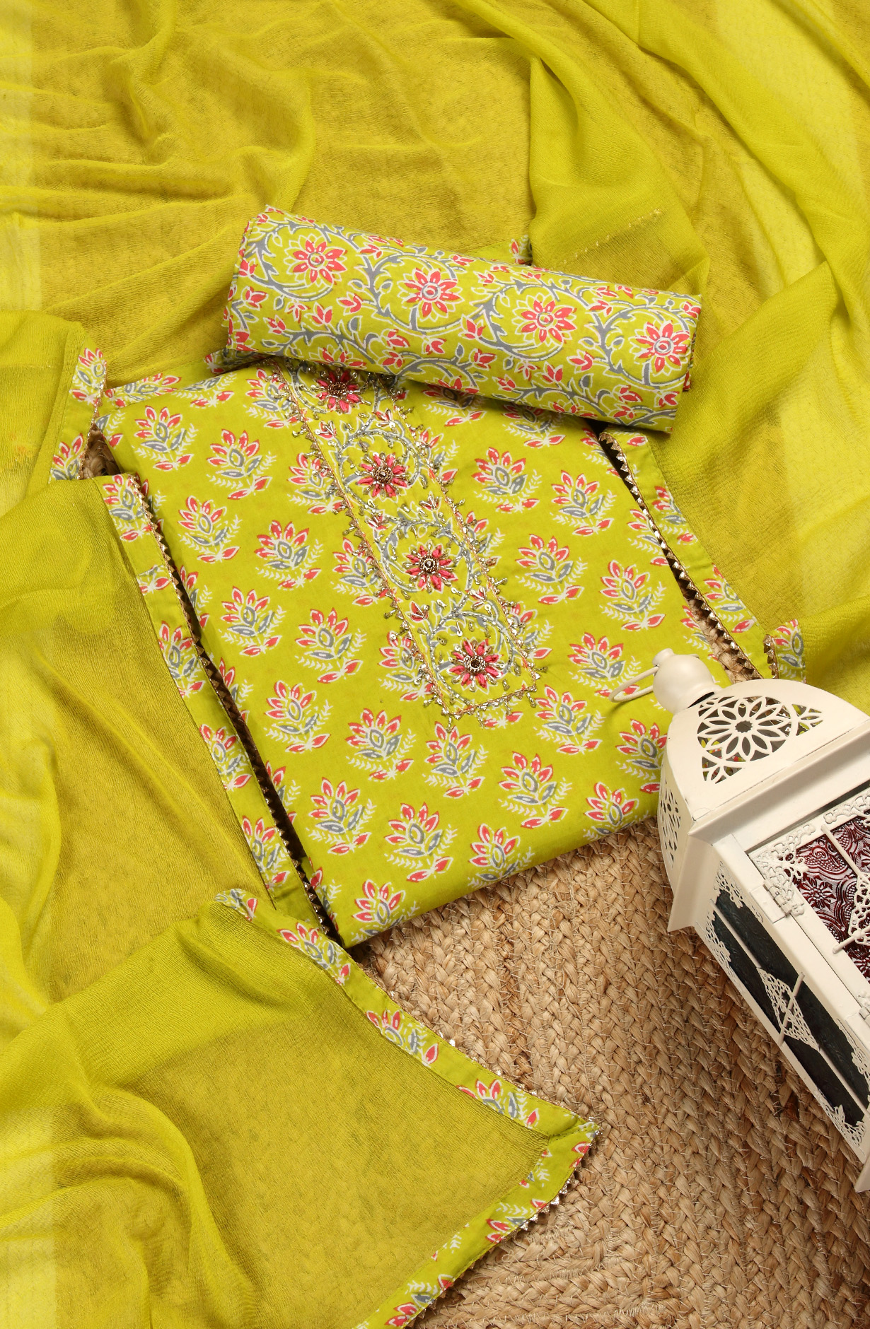 Parrot Green Cotton Printed Salwar Kameez with Chiffon Dupatta - 693-RTJ29124