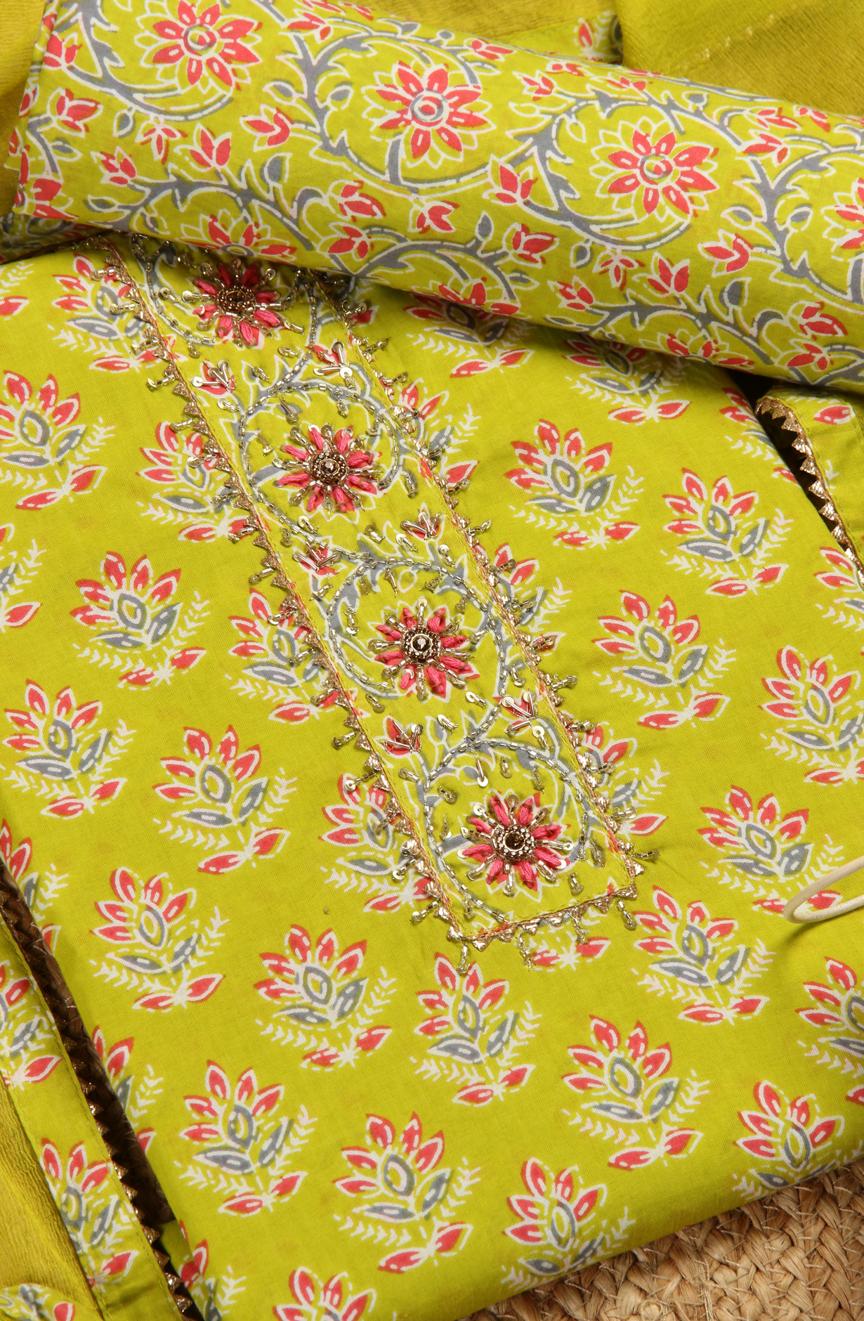 Parrot Green Cotton Printed Salwar Kameez with Chiffon Dupatta - 693-RTJ29124