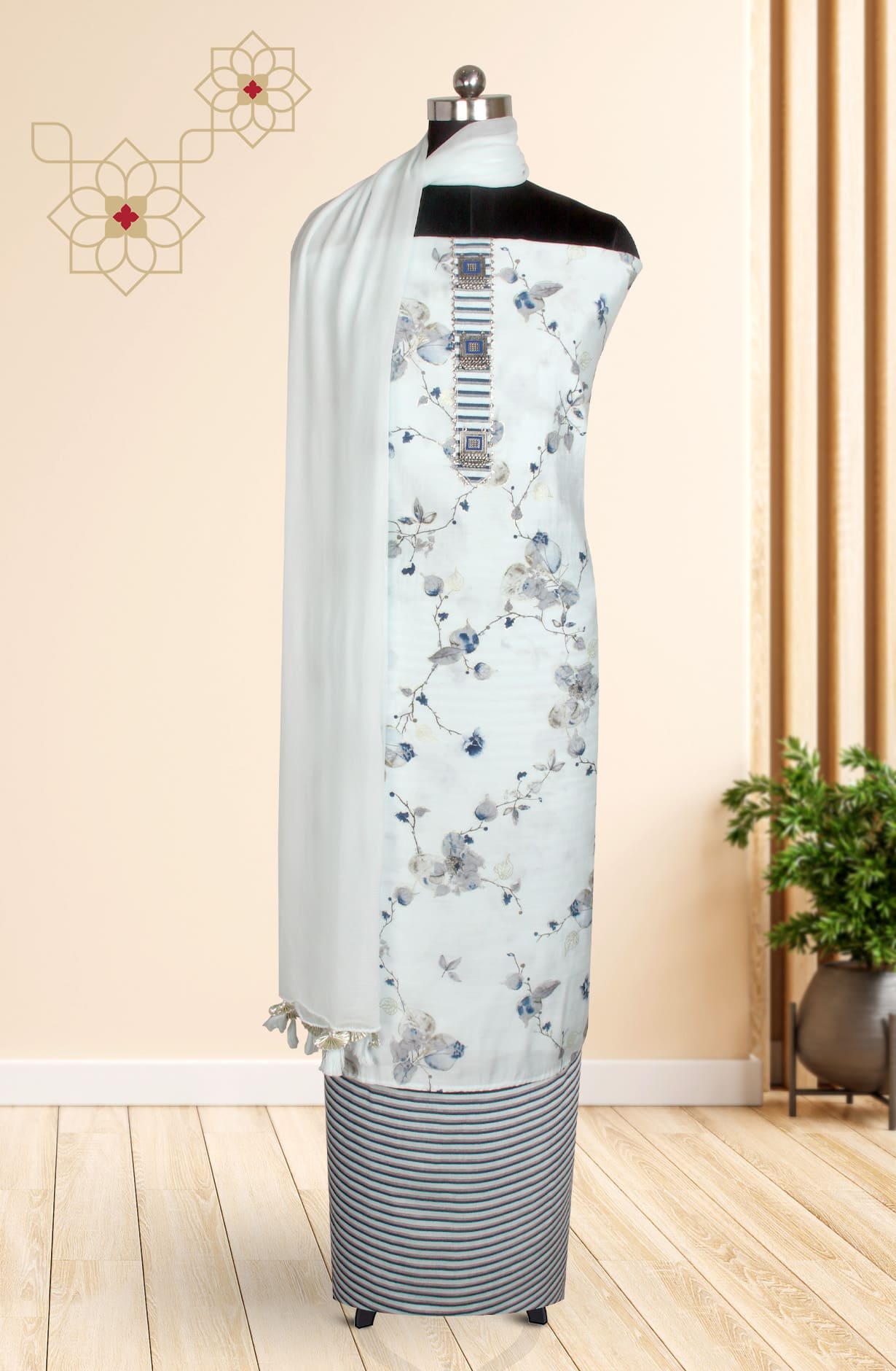 Sea Green Modal Cotton Unstitched Digital Printed with Chiffon Dupatta - 693-RVCJ7002