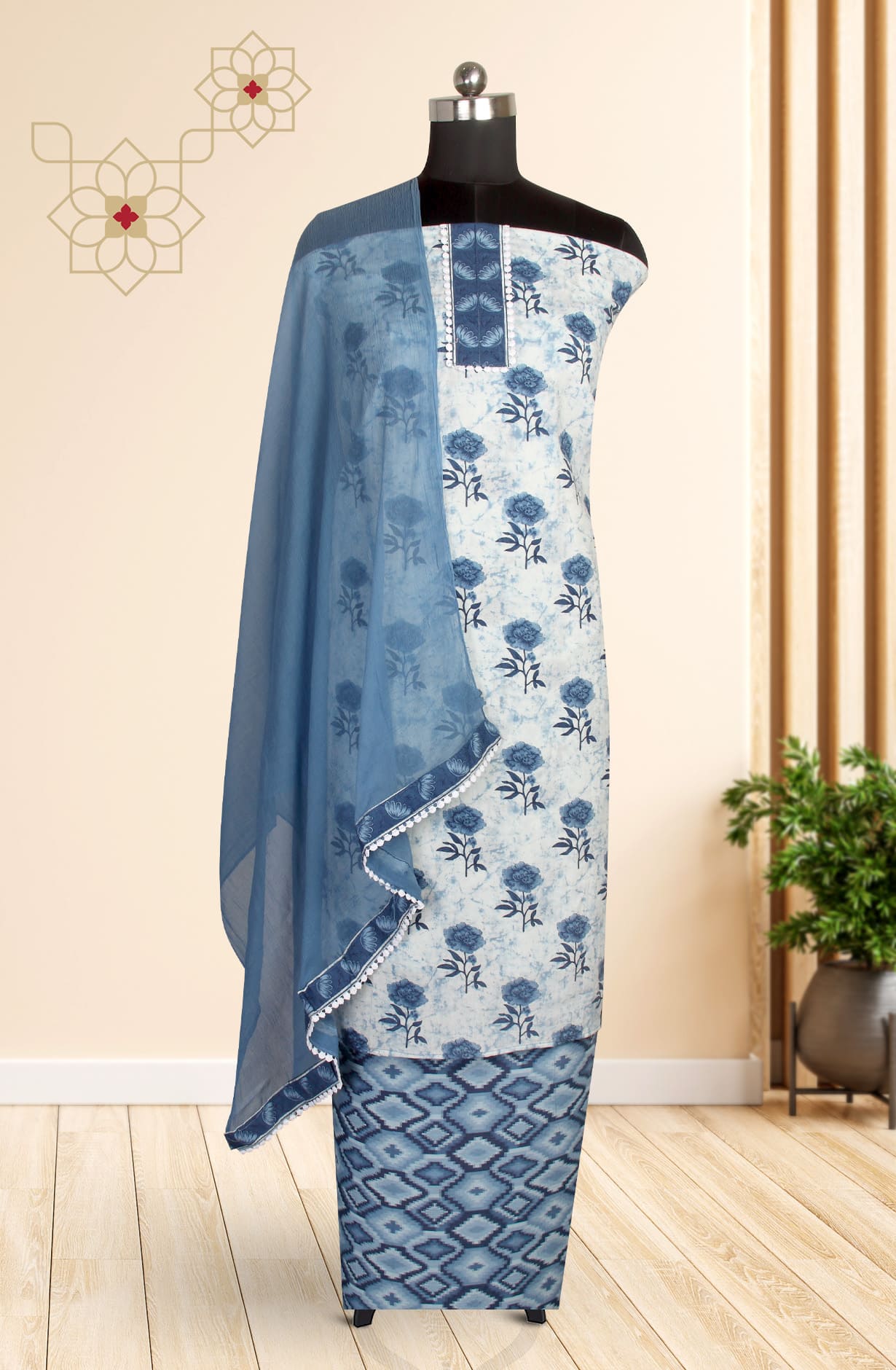Blue White Cotton Unstitched Printed Salwar Kameez Suit-set - 693-RVCJ7205
