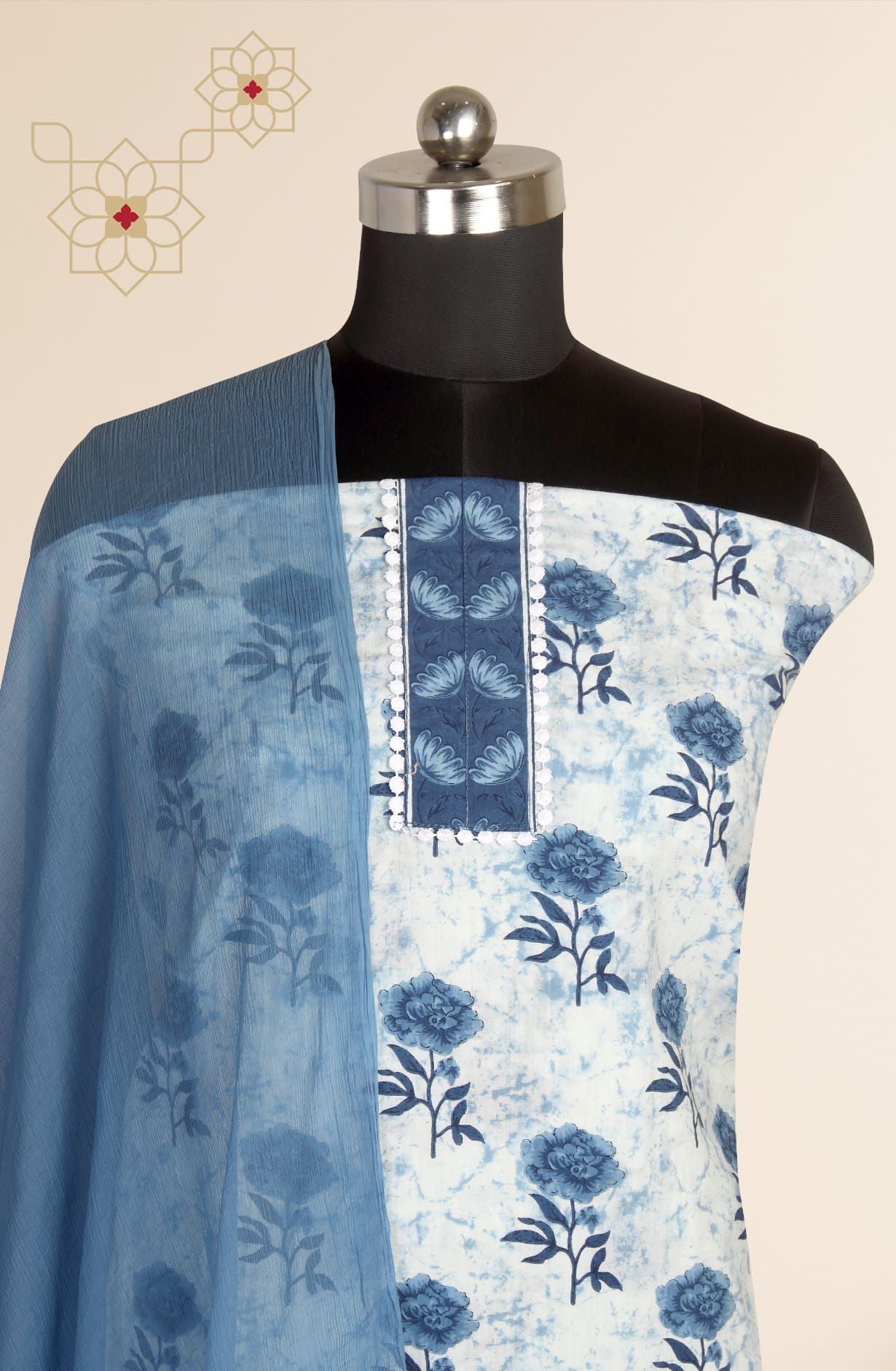 Blue White Cotton Unstitched Printed Salwar Kameez Suit-set - 693-RVCJ7205