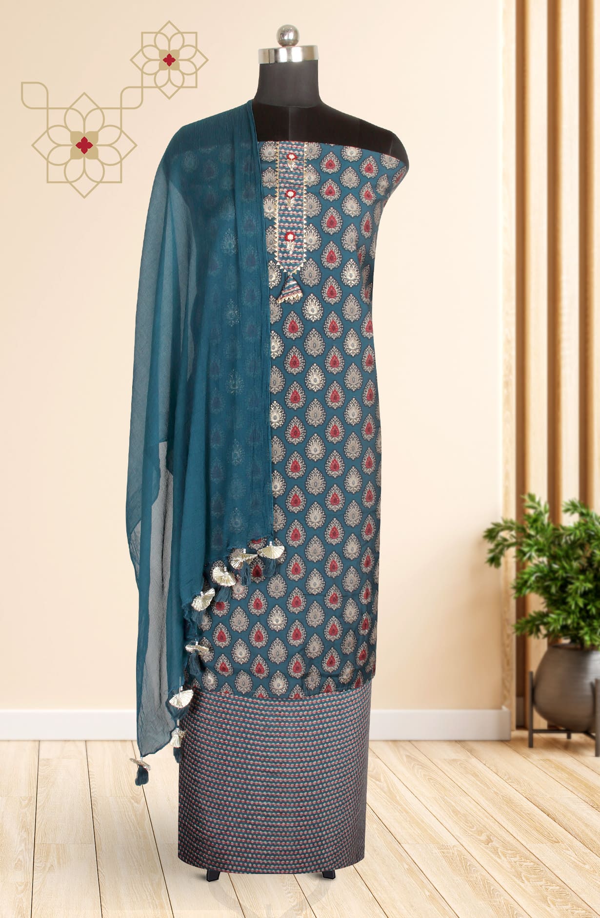 Multicolor Modal Silk Unstitched Suit-set with Chiffon Dupatta - 693-RVCJ7250