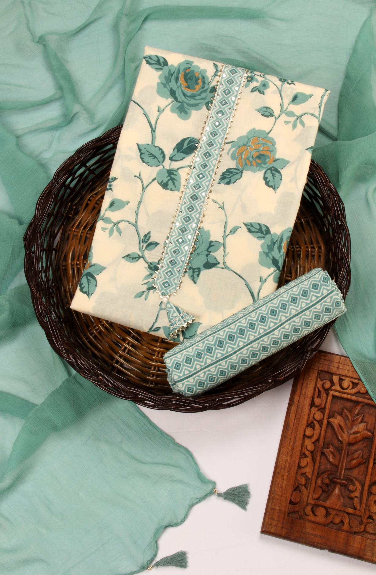 Cream and Green Cotton Printed Salwar Suit with Chiffon Dupatta - 693-RVCJ7322