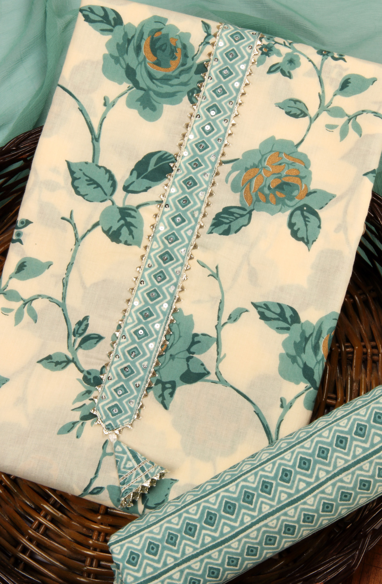 Cream and Green Cotton Printed Salwar Suit with Chiffon Dupatta - 693-RVCJ7322