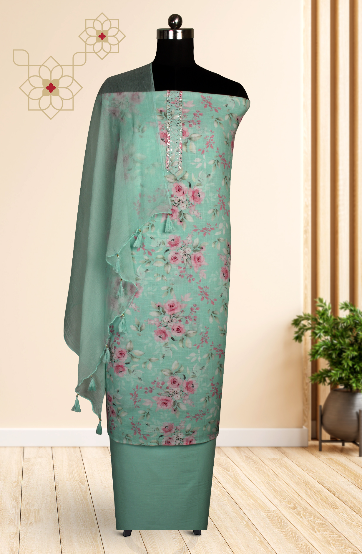 Sea Green Linen Digital Printed Salwar Suit with Chiffon Dupatta - 693-RVCJ7409