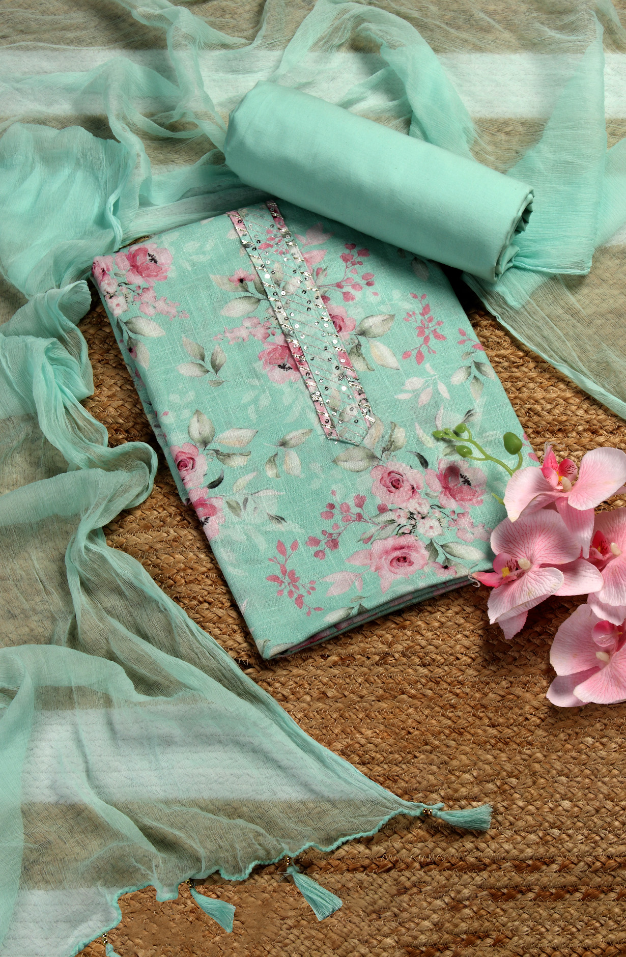 Sea Green Linen Digital Printed Salwar Suit with Chiffon Dupatta - 693-RVCJ7409