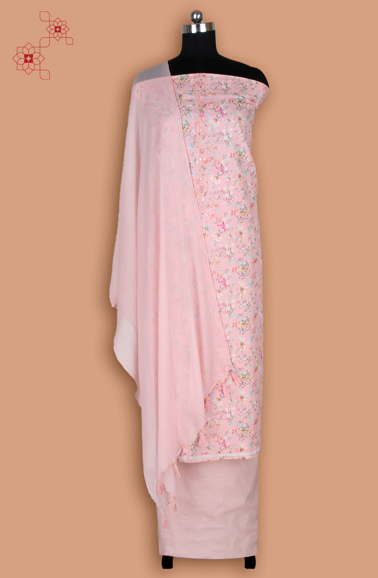 Peach Linen Unstitched Printed Suit with Chiffon Dupatta - 693-RVCJ7660