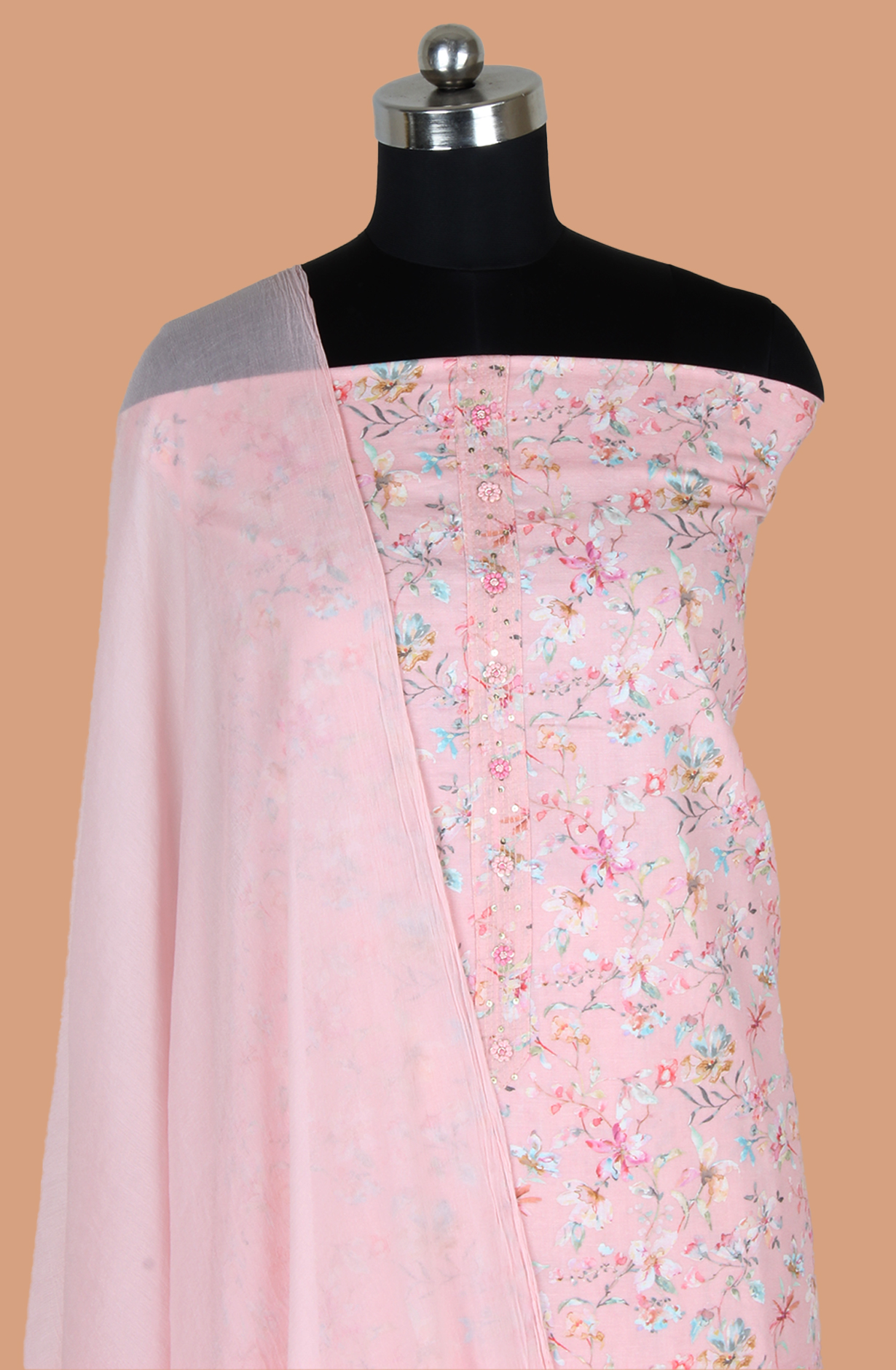 Peach Linen Unstitched Printed Suit with Chiffon Dupatta - 693-RVCJ7660