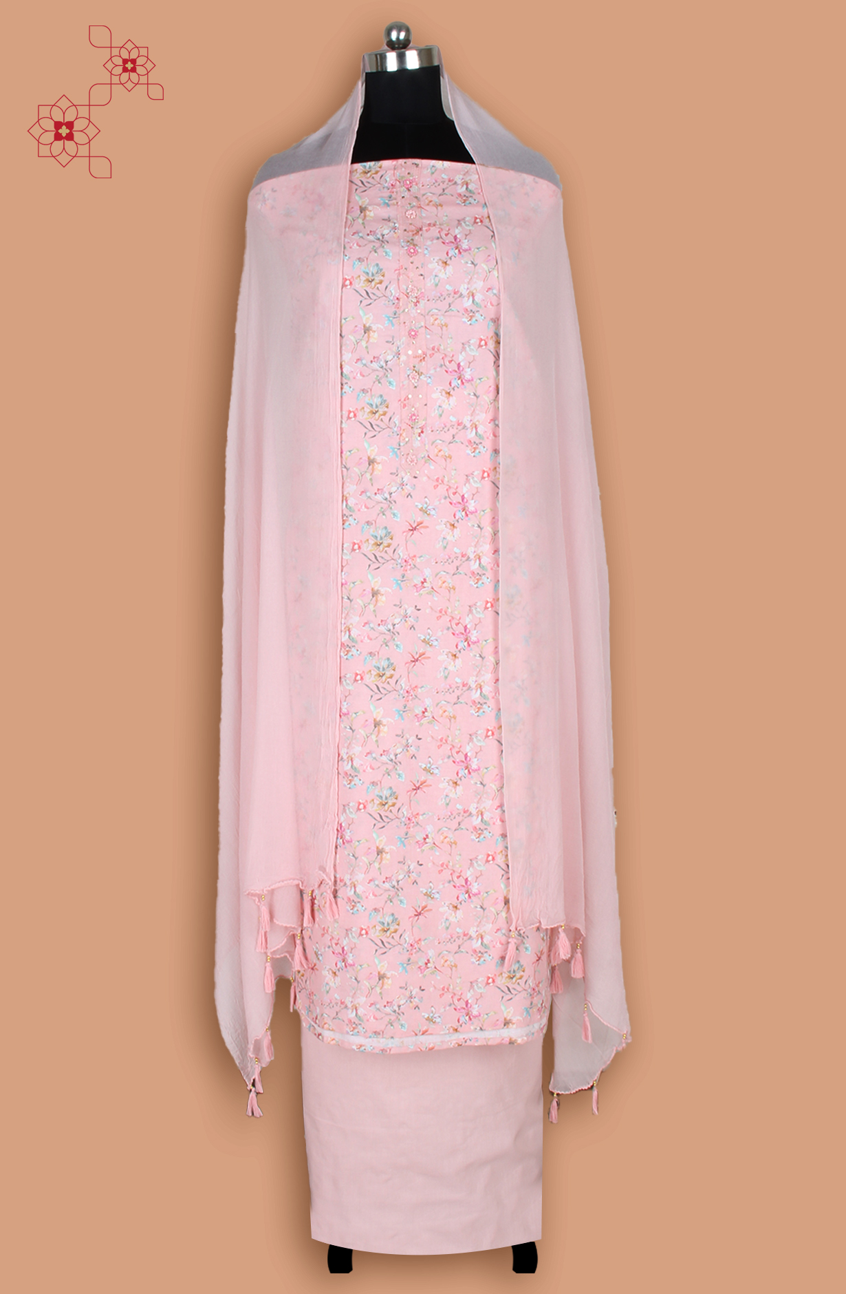 Peach Linen Unstitched Printed Suit with Chiffon Dupatta - 693-RVCJ7660