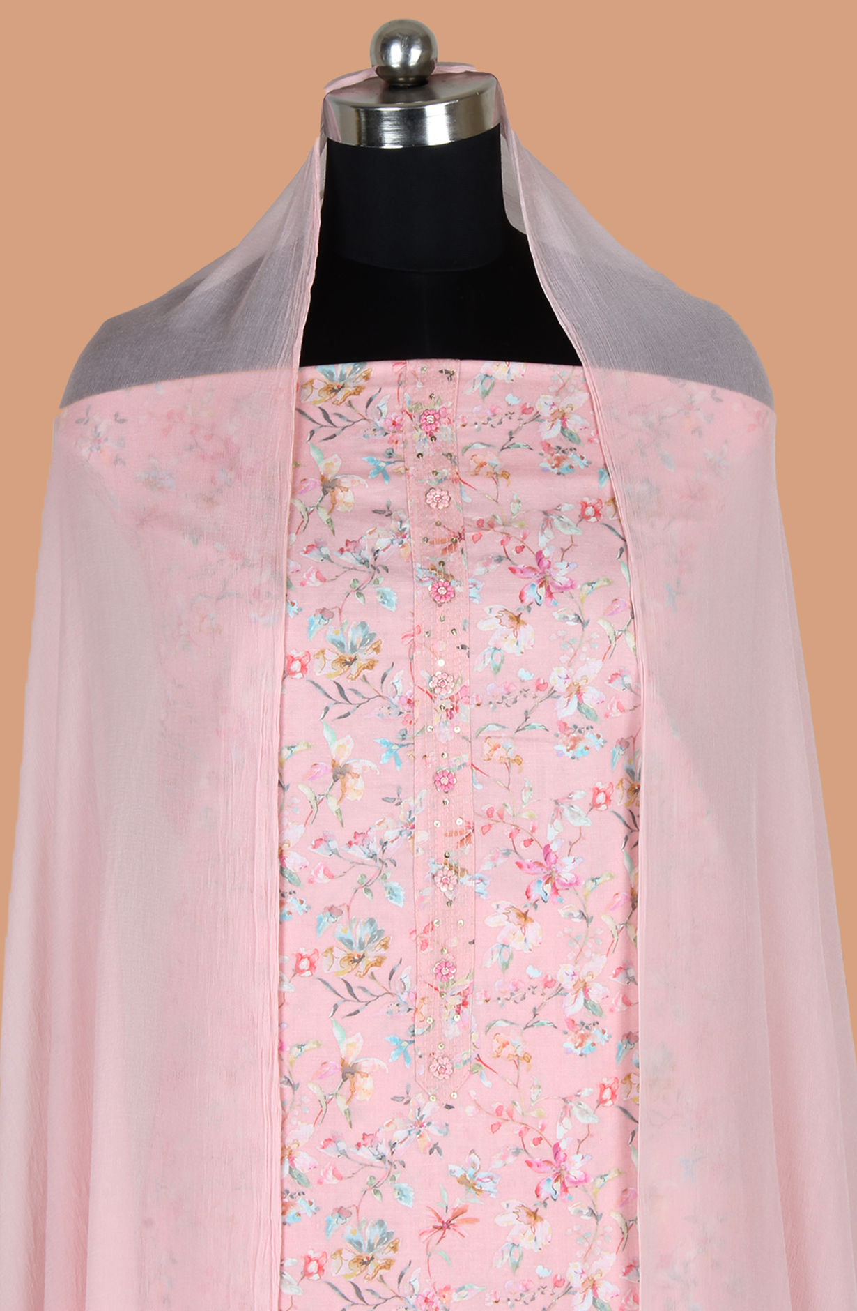 Peach Linen Unstitched Printed Suit with Chiffon Dupatta - 693-RVCJ7660