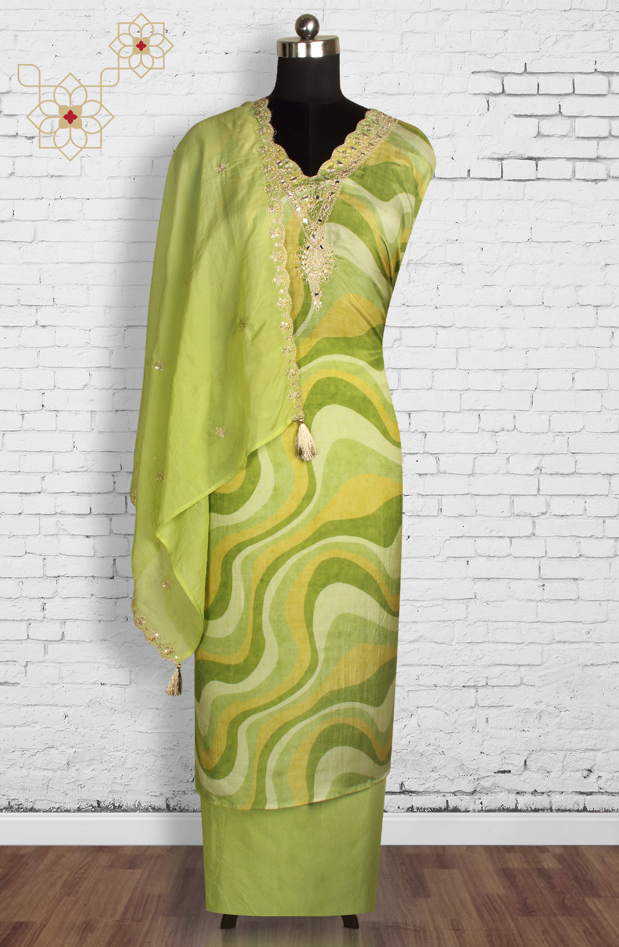 Parrot Green Beautiful Muslin Salwar Suit with Organza Dupatta - 693-SVA72031